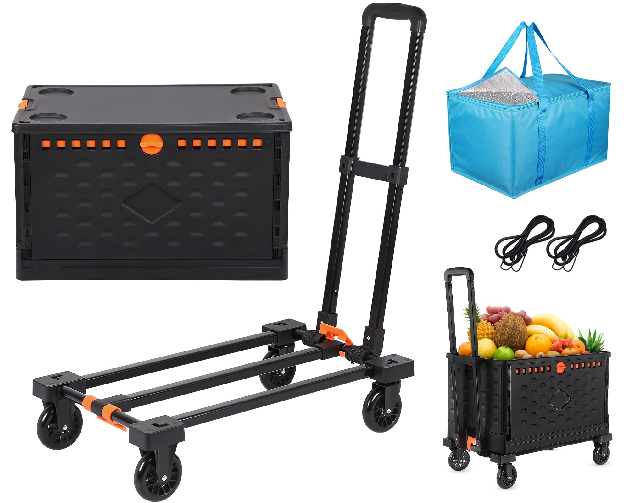 Collapsible Cart with Wheels + 60L Rolling Crate 2 in 1 Folding Hand Truck Dolly Heavy Duty 300 LB Luggage Cart, Grocery Cart on Wheels with 4 Large Mute Universal Wheels