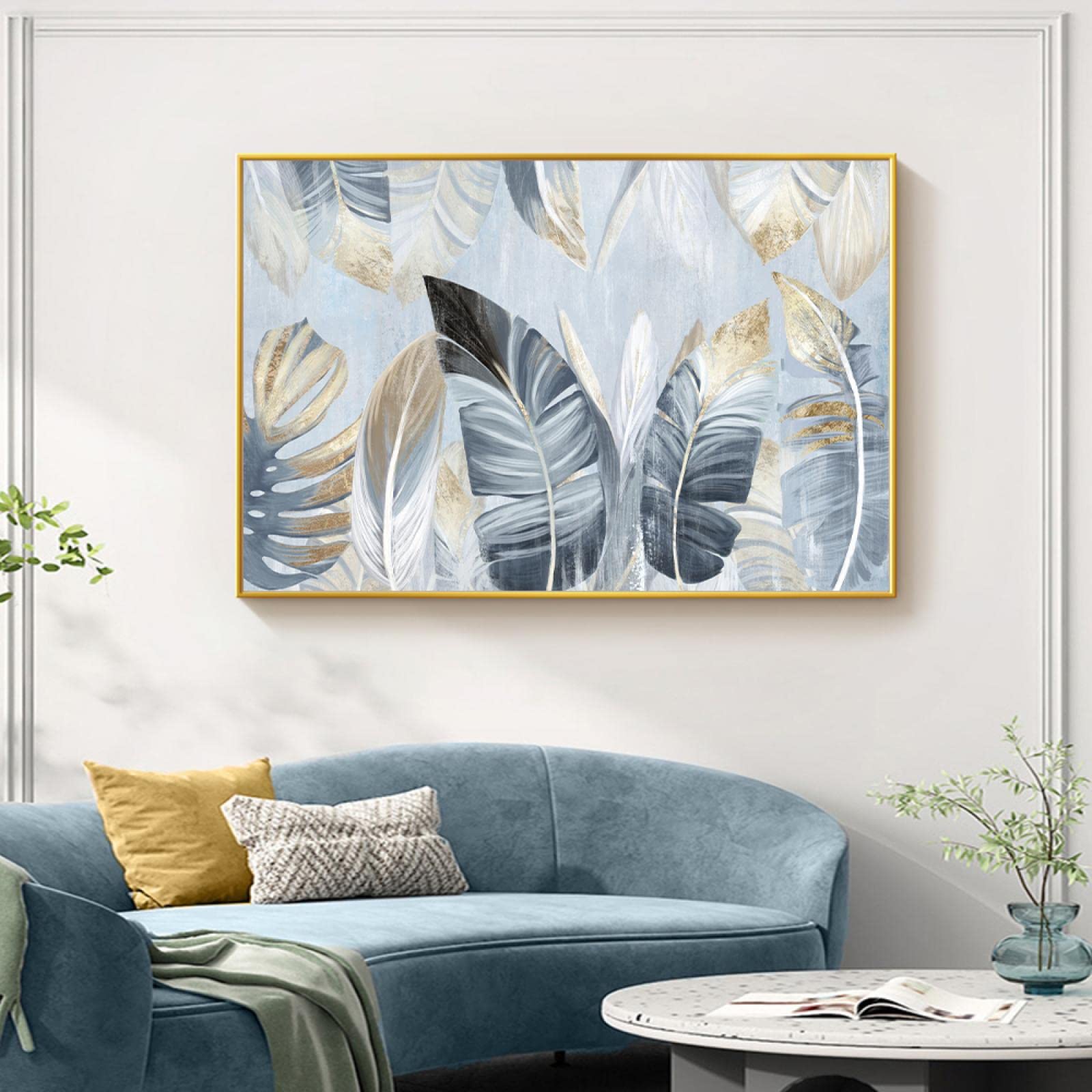 KEBIA Sztuka abstrakcyjna, złote liście palmowe, obraz na płótnie, roślina, martwa natura, plakat, obrazy ścienne do salonu, wystrój domu, 70 x 100 cm, bez ramy