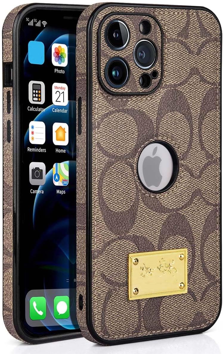for iPhone 16 Pro Max Case with Camera Lens Protector, Logo View, Luxury Designer Classical Leather Full Protection Shockproof Anti-Scratch Phone Cover for iPhone 16 Pro Max Khaki