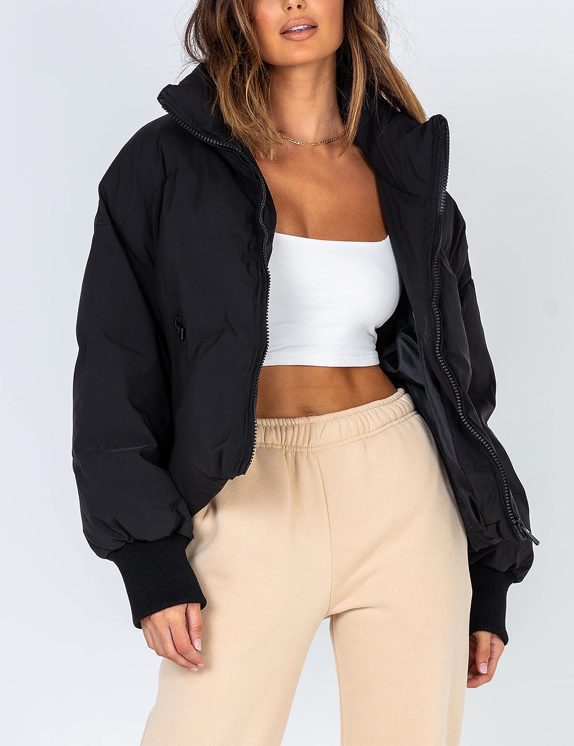 Lianlive Womens Cropped Puffer Jacket Oversized Black Short Puffy Winter Coat