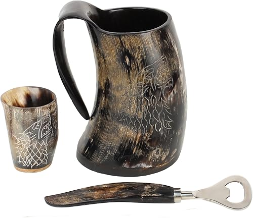 Miniatura 6 de MENTHOME Taza de cuerno vikingo  100% auténtica taza de juego de tronos medieval estilo nórdico pulida con vaso de chupito  Abrebotellas  Regalo