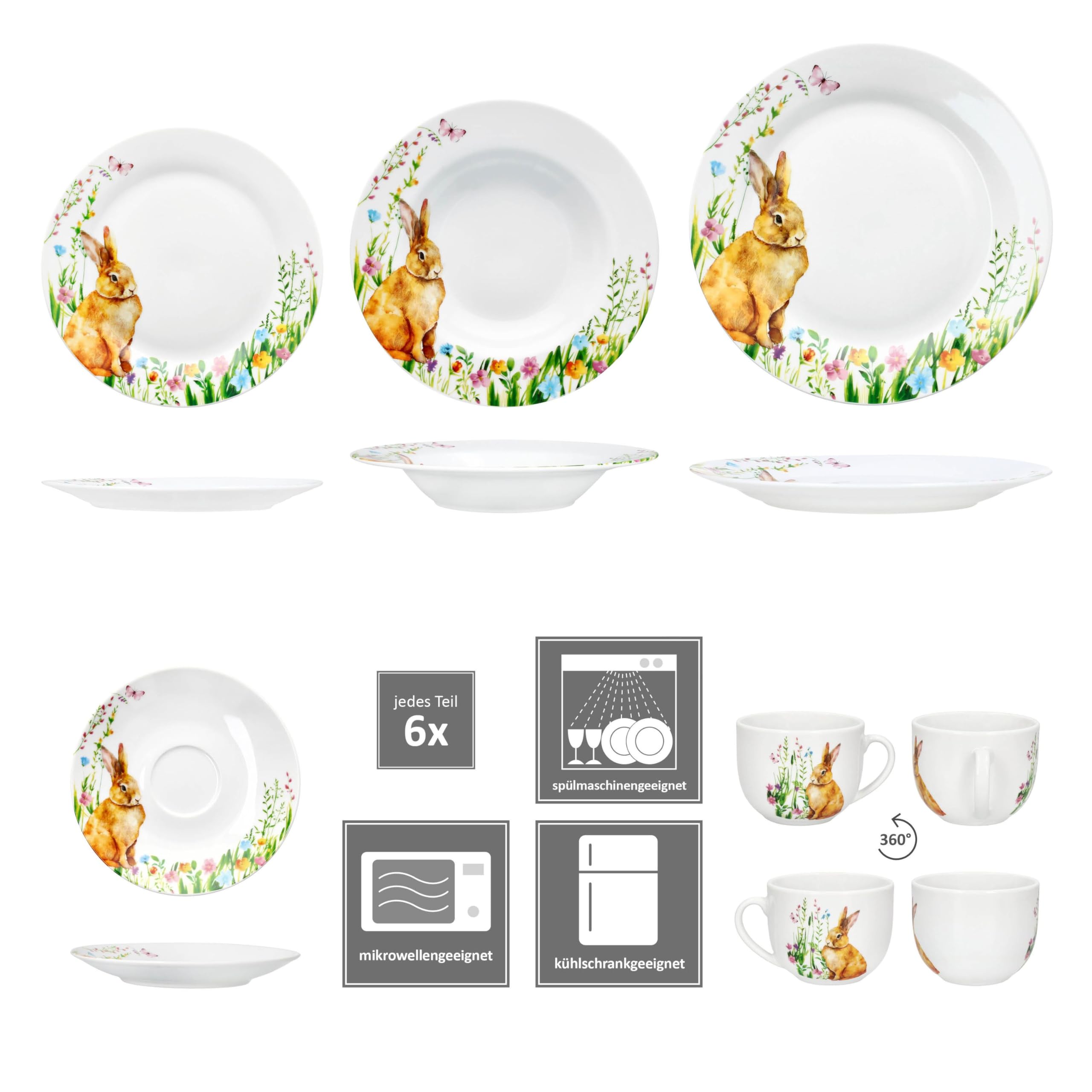 MamboCat 30tlg Kombiservice Osterfreude I frühlingshaftes Porzellan-Geschirrset mit Osterhasen-Dekor für 6 Personen I Je 6x Tassen, Untertassen, Kuchenteller, Suppenteller & Speiseteller