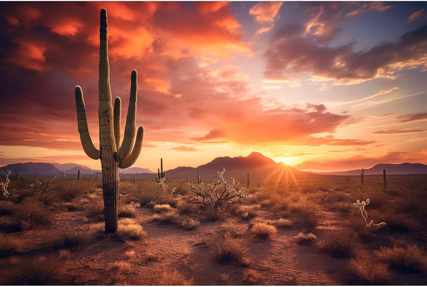 Reptile Tank Backdrop Sunset Desert Terrarium Background Saguaro Cacti Silhouetted Against Sunset Sky Rugged Terrain Vibrant Desert Colors Jungle Landscape Tank Backdrop 48x18in