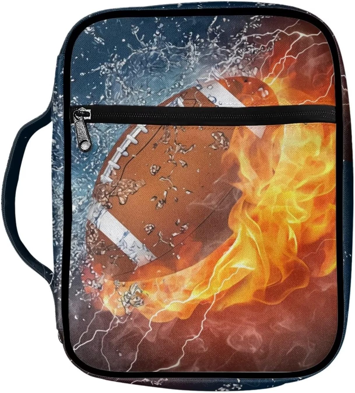 Belidome Water Fire Football Bible Zipper Case for Men Boys Super Bowl Rugby Bible Cover Organizer Tote Bible Cover Carrier Protector for Church Prayer