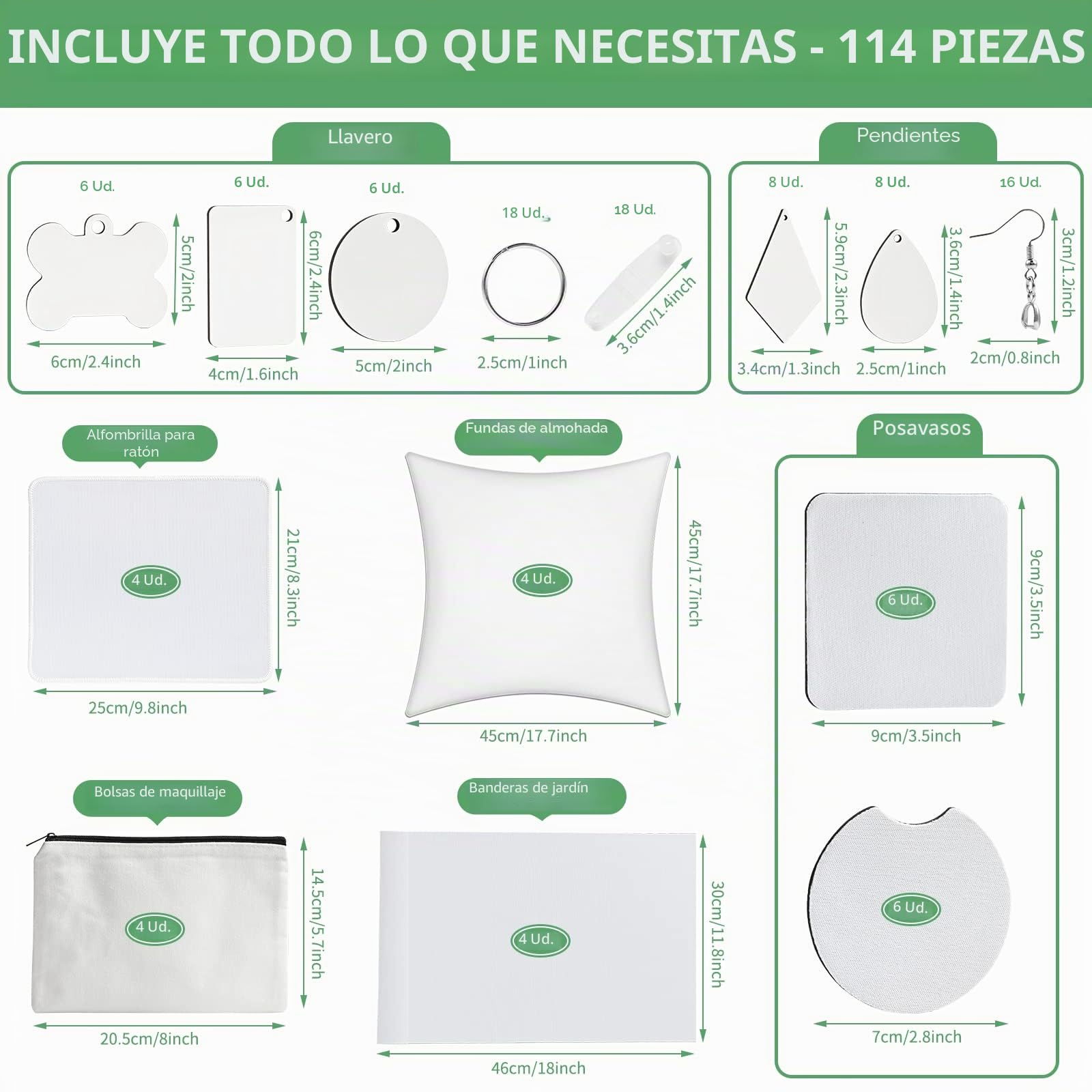 114 piezas de productos en blanco para sublimación: bolsa de maquillaje, llaveros, pendientes, fundas de almohada, alfombrillas de ratón, posavasos, banderas de jardín, para manualidades en Pascuas