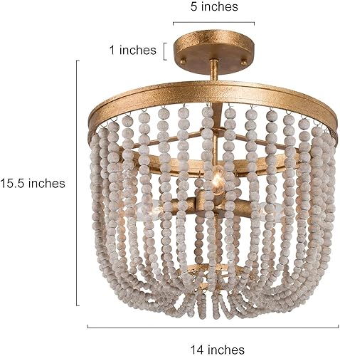 Miniatura 2 de Lámpara de techo con cuentas de madera, estilo bohemio, semiempotrada, lámpara de techo de 3 luces doradas para dormitorio, pasillo, cocina,