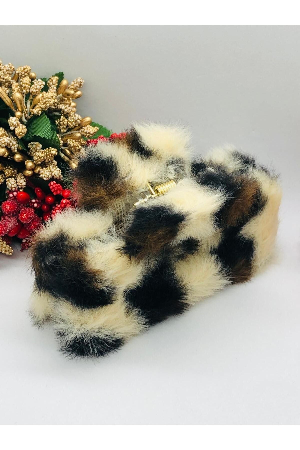 Leopar Tüylü Peluş Mandal Toka Kıskaçlı Saç Tokası (1 Adet) Kahverengi 1 Tek Ebat
