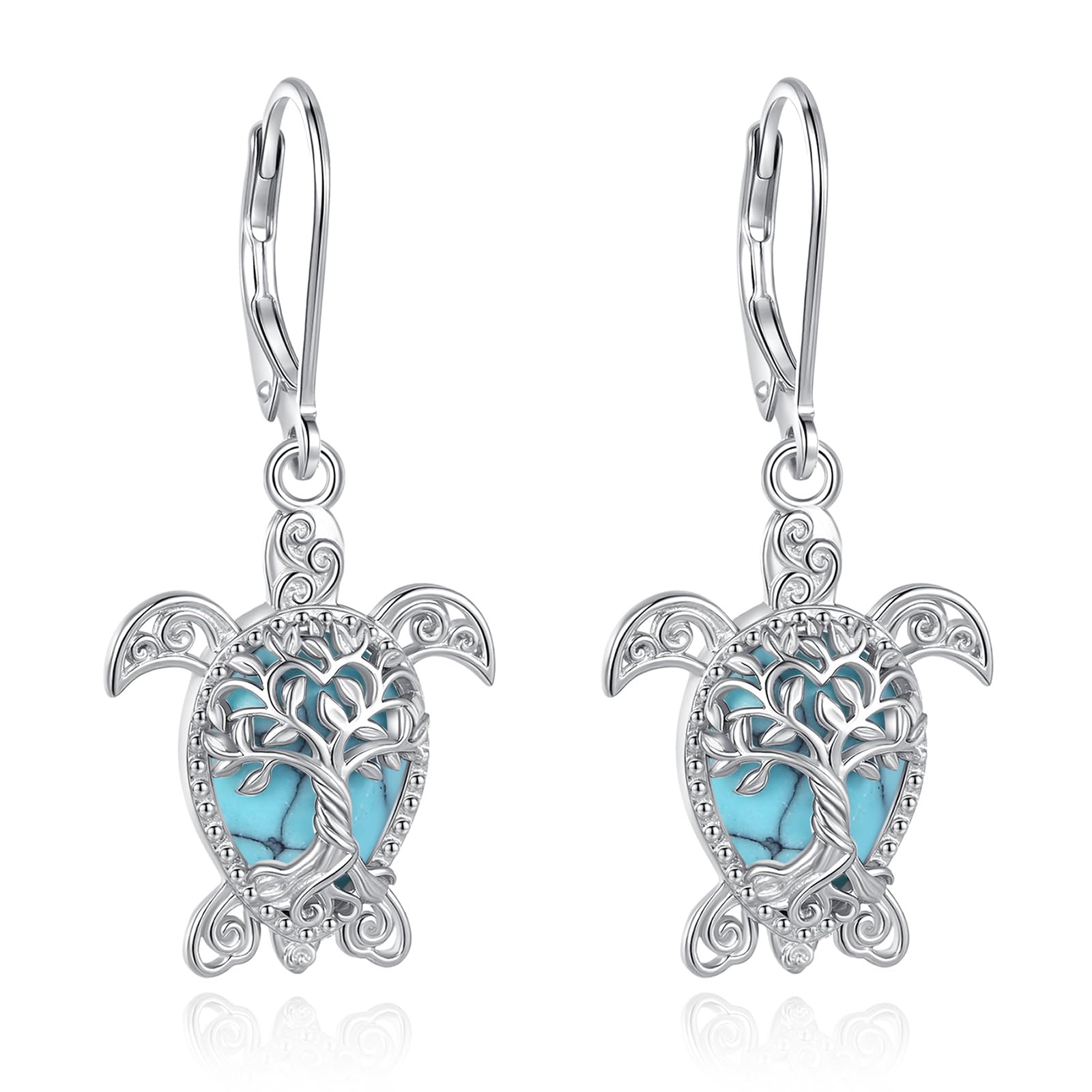 Sterling Silber 925 Lebensbaum Türkis Mondstein/Schneeflocke/Vintage Schlange Mond/Sonnenblume/Niedlich Ozean Hochlandkuh Ohrringe Schmuck Ohrstecker Geschenk für Damen Frauen