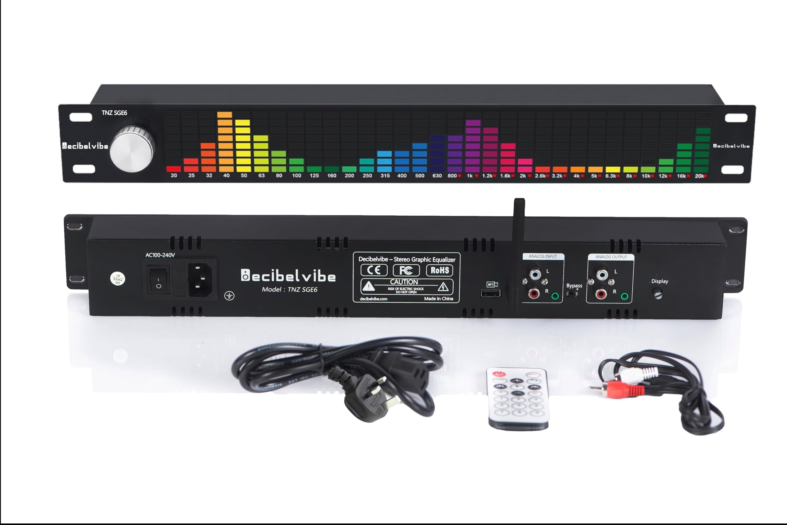 – Decibelvibe TNZ SGE6 - Audio Graphic Equalizer with Rear RCA/3.5 Auxiliary Input and Output, Built-in Microphone, USB and Bluetooth Input, for Home Audio, HiFi Audio (Silver)