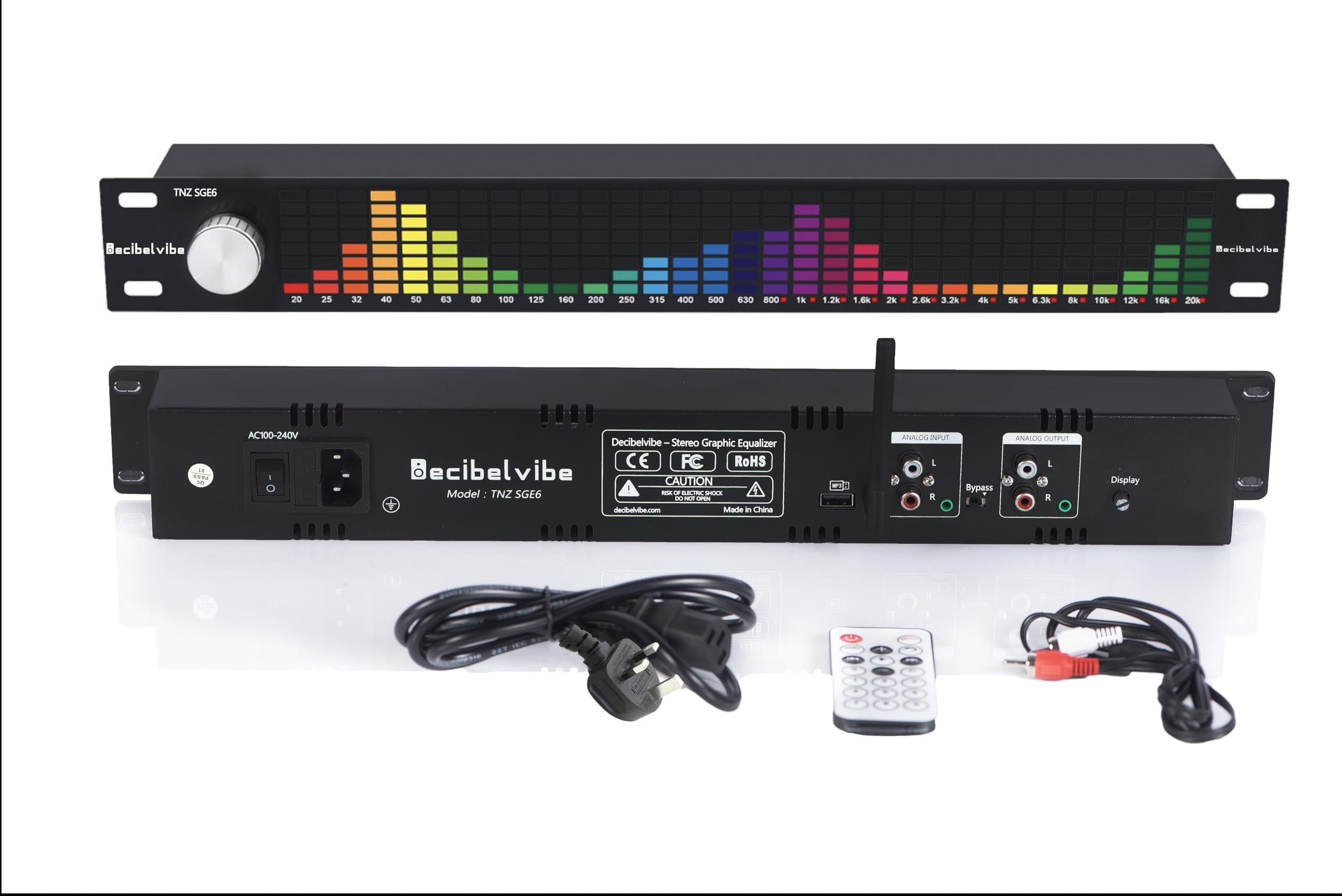 Decibelvibe TNZ SGE6 - Audio Graphic Equalizer with Rear RCA/3.5 Auxiliary Input and Output, Wireless Input through a Built-In Microphone, USB and Bluetooth Inputs, Preamp for Home, Pro (Silver)