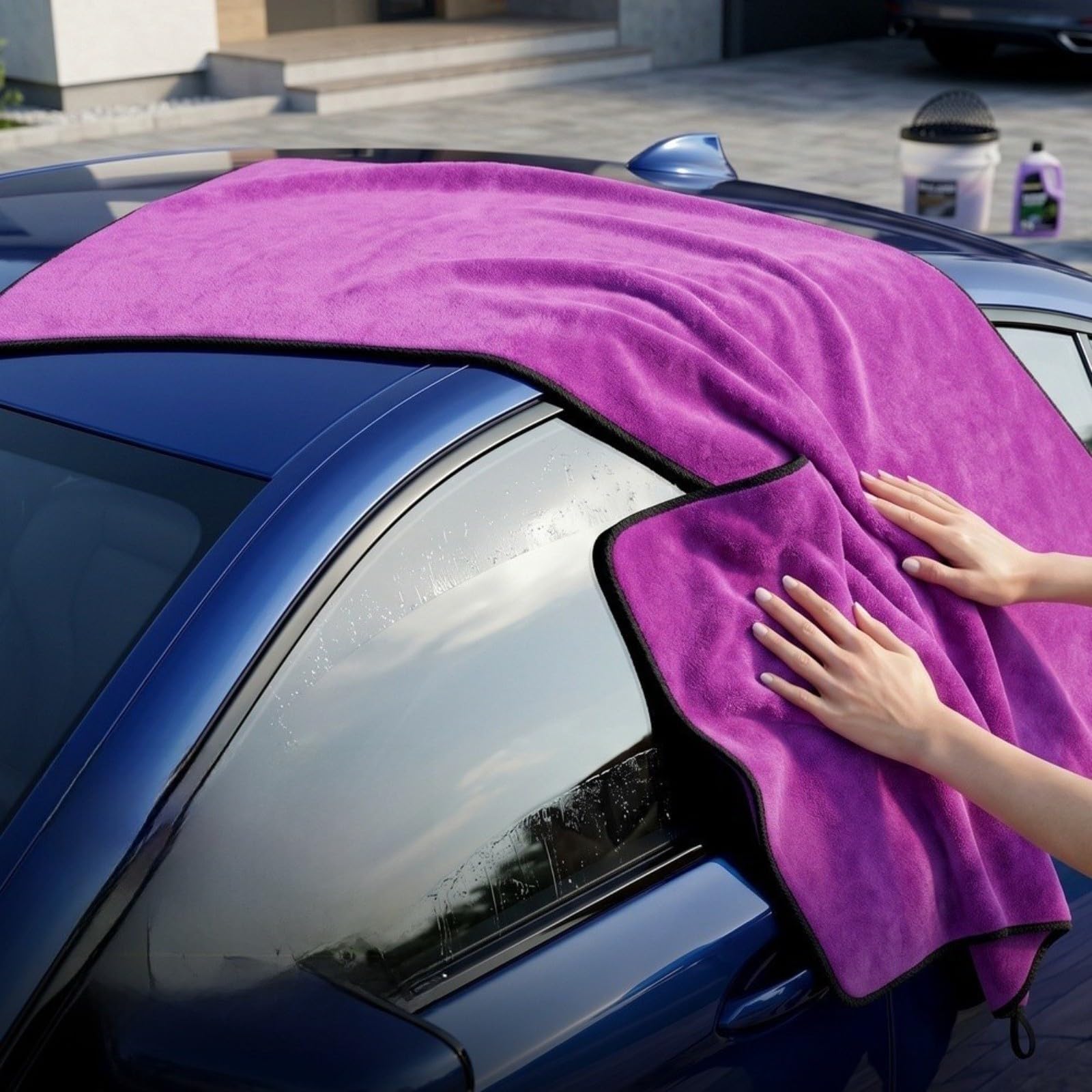 Juego de 2 paños de microfibra para coche, 60 x 160 cm, forro polar de coral absorbente para pintura y ventanas, paño de limpieza suave azul y morado