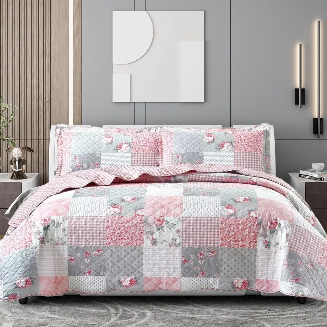 ZIYA HOMES Super King Size Quilted Reversible Patchwork Bedspread Comforter Bed Throw with Pillow Sham 3-Piece Bedding Set Cotton Bedsheet Non Allergic Washable