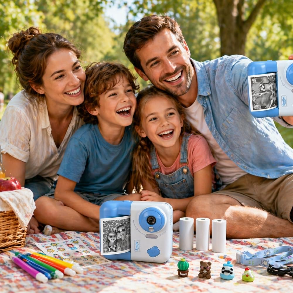 Cámara infantil de impresión instantánea, 48 MP, vídeo de 1080p, pantalla de 2,4 pulgadas, azul, con juegos y reproductor de audio, 3 rodillos incluidos