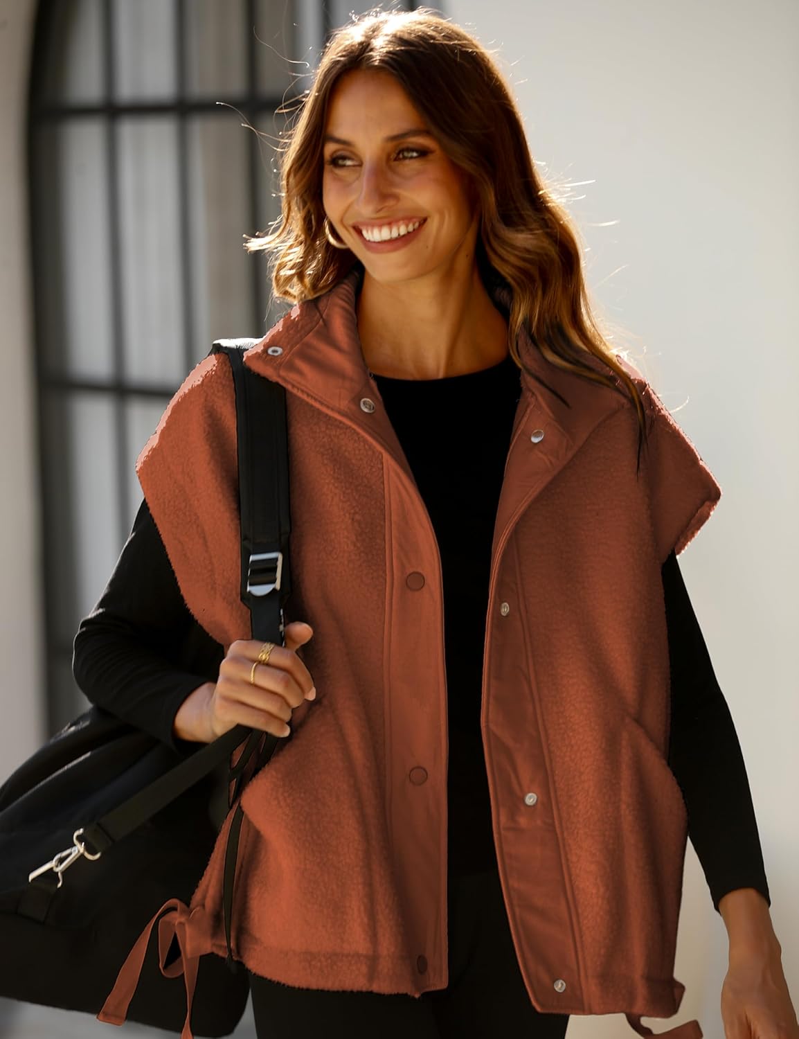 Gozoloma Women's Oversized Fleece Vest Sleeveless Casual Button Down Piecing Fuzzy Sherpa Gilet Jacket with Pockets - Image 4