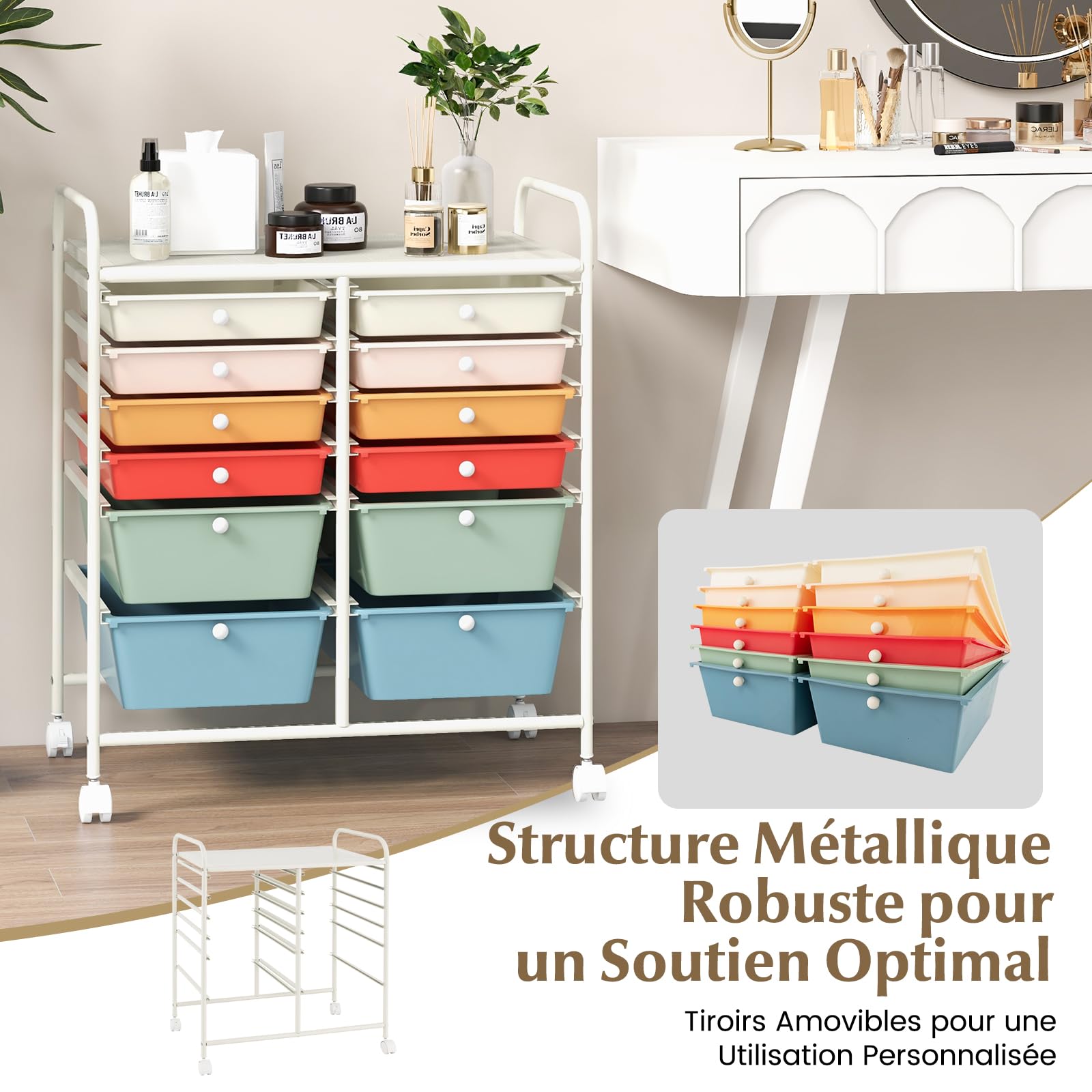 COSTWAY Chariot de Rangement à Roulette 12 Tiroirs en PP, Tour de Rangement avec Tablette, Cadre en Métal, Desserte Meuble Tiroir pour Cuisine Salle de Bain École, 64x38x75cm (Multicolor)