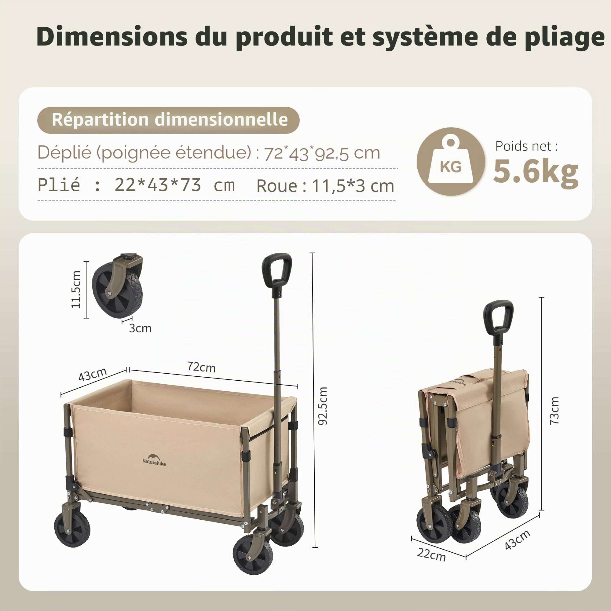 Naturehike Chariot à Main Pliable Charge maximale 120 kg Très Grande capacité en Plein air Pliable avec Chariot réglable pour Le Camping, Le Shopping, la Plage