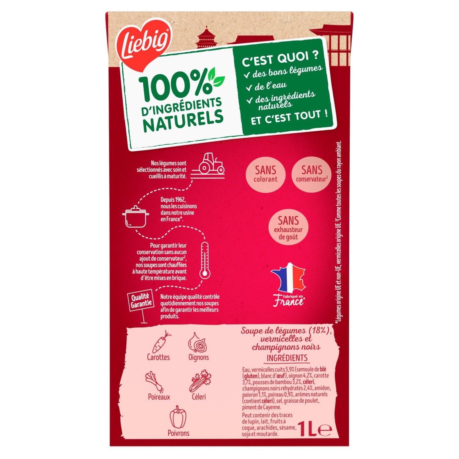 LIEBIG - Soupe Voyage en Chine Vermicelles Pousses de Bambou et Champignons Noirs - la brique de 1L - Le Lot De 4
