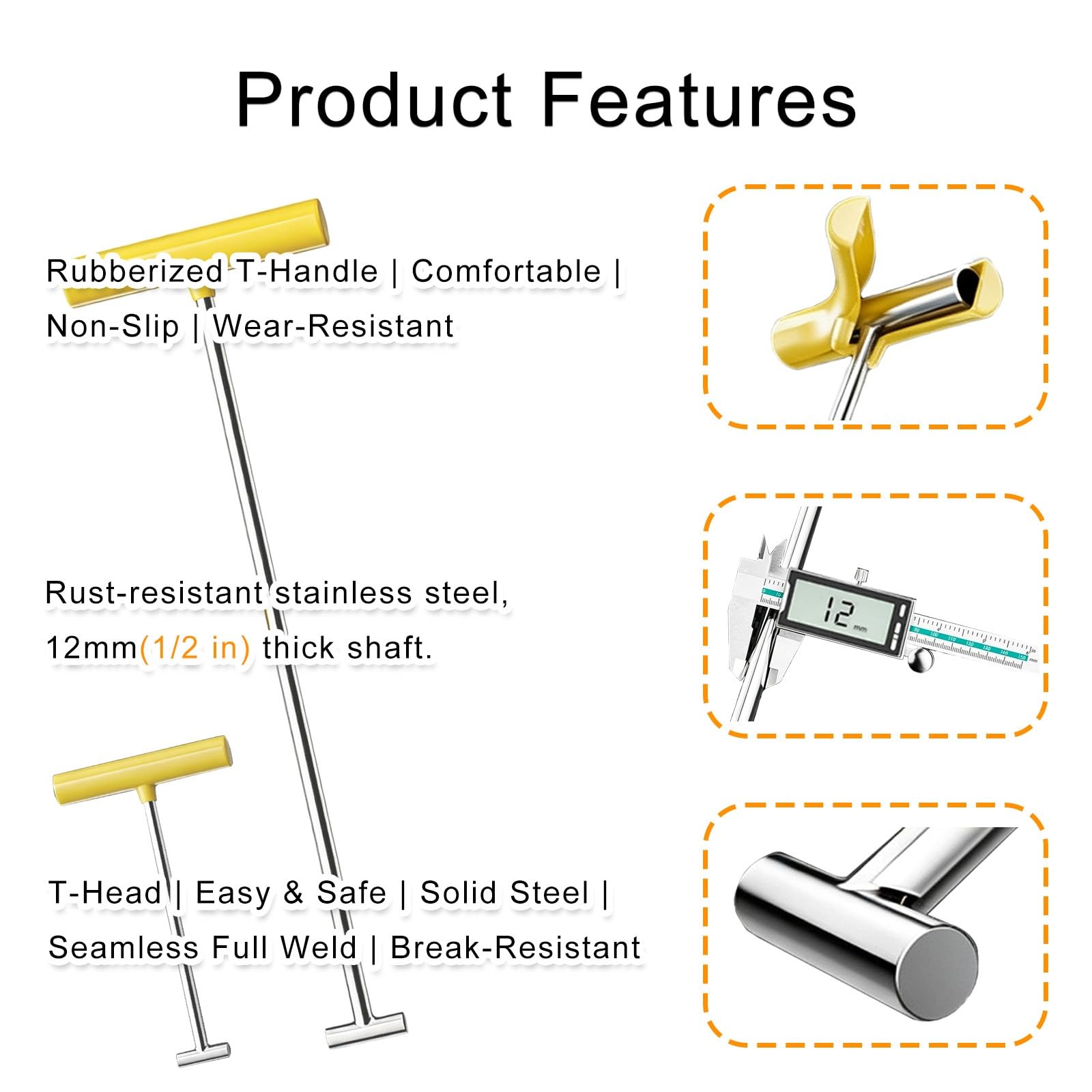 Gancho con Mango en T con Agarre de Goma de 12 mm (1/2 pulg.) | Removedor ergonómico de rejilla de drenaje con agarre en T, herramienta de palanca con extremo en T(4 pcs)