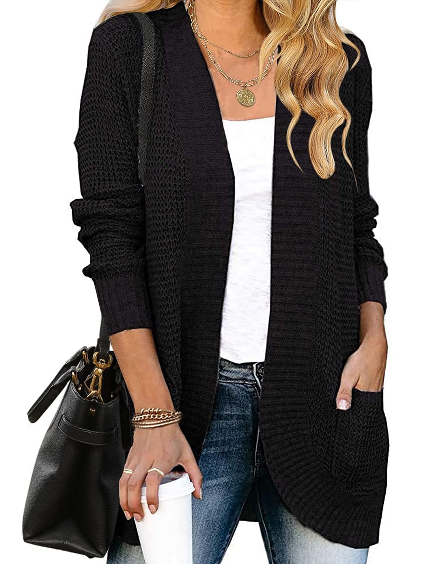 HANERDUN Cardigan Donna Lungo Elegante Maglia Manica Lunga Tinta Unita Cappotto Lavorato a Maglia con Tasche