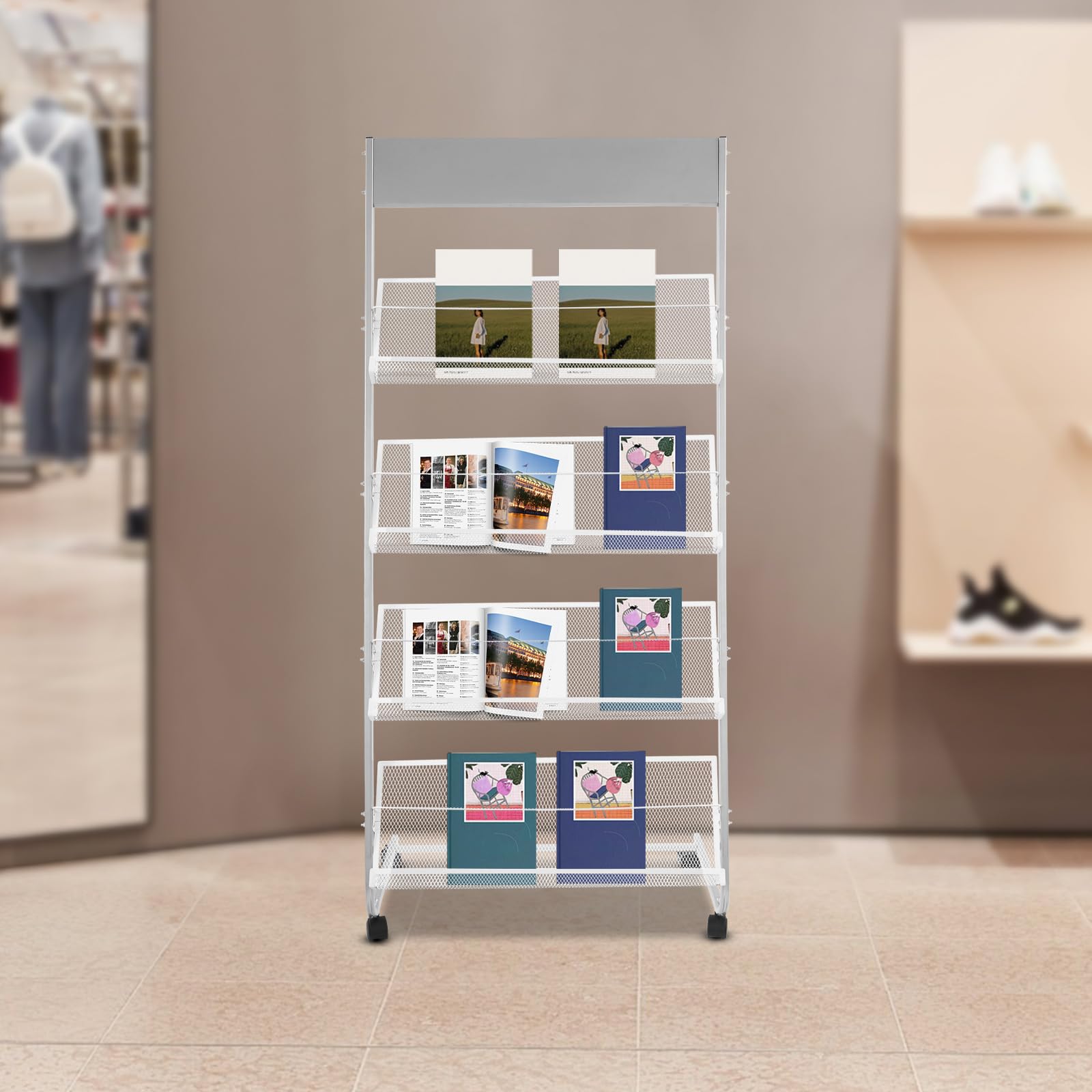 Portariviste a 4 ripiani, in argento, con ruote, per atelier, biblioteche, uffici, 63 x 36 x 148 cm
