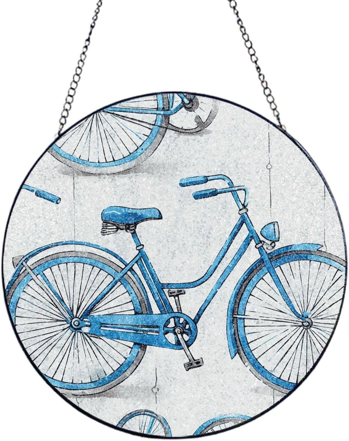 Blue Bicycle Stained Glass Suncatcher for Window Hanging Sun Catcher Ornament for Women Men Suncatcher for Home Decor, 12in（30cm） Round Glass Ornament for Mother's Day Birthday Gift