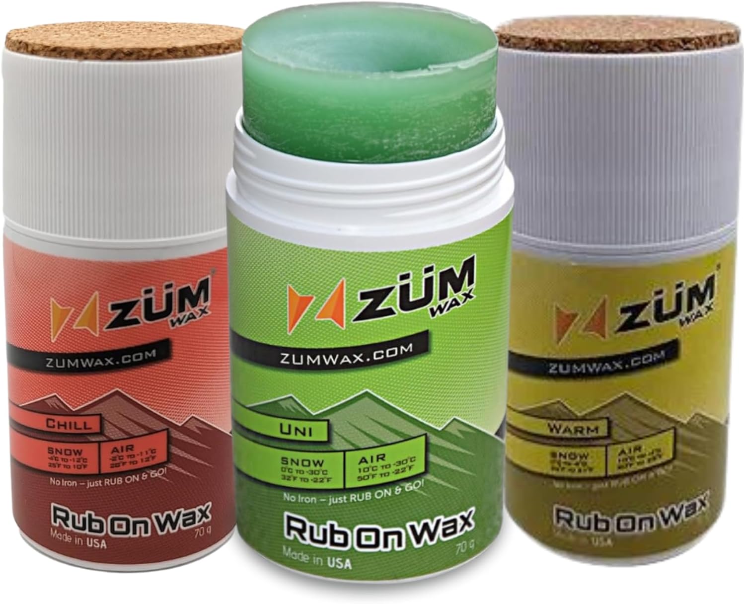 ZUMWax Rub-On Wax Trio - Universal, Warm & Chill Temps, 70g, PFAS-Free, USA-Made, Easy Cork Applicator