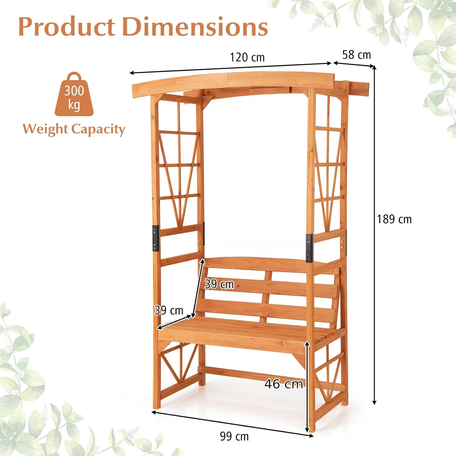 GiantexUK Garden Arch with Bench, 2-Seater Rose Trellis Pergola Pavilion Arbour, Wooden Climbing Plants Support Archway for Patio Lawn Wedding Ceremony Party (120x58x189cm, Diamond Trellis, Orange)