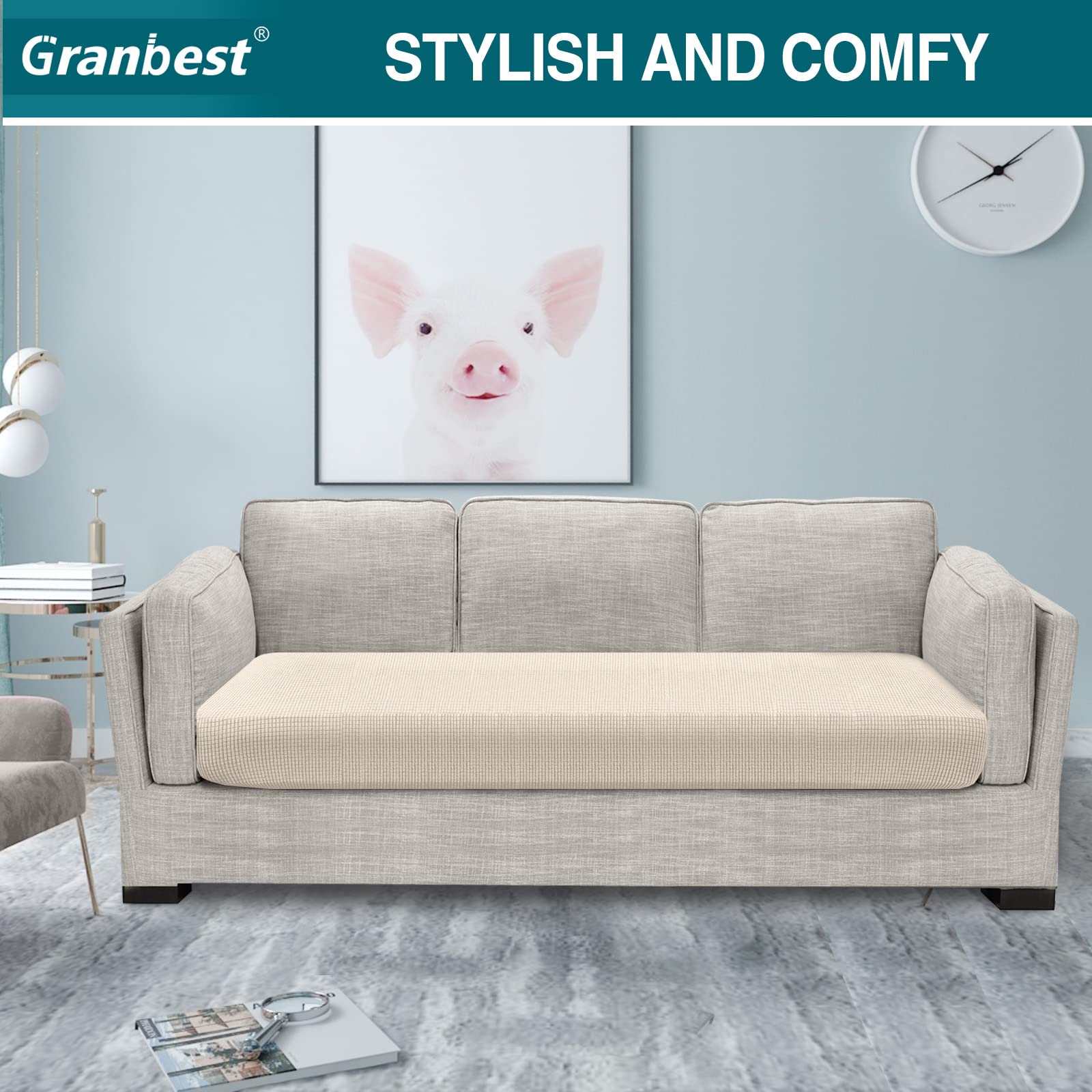 Granbest High Stretch Sofa Seat Cushion Cover Super Soft Couch Seat Cover Sofa Cushion Protector Jacquard Spandex Fabric with Elastic Bottom(3 Seater - Image 2