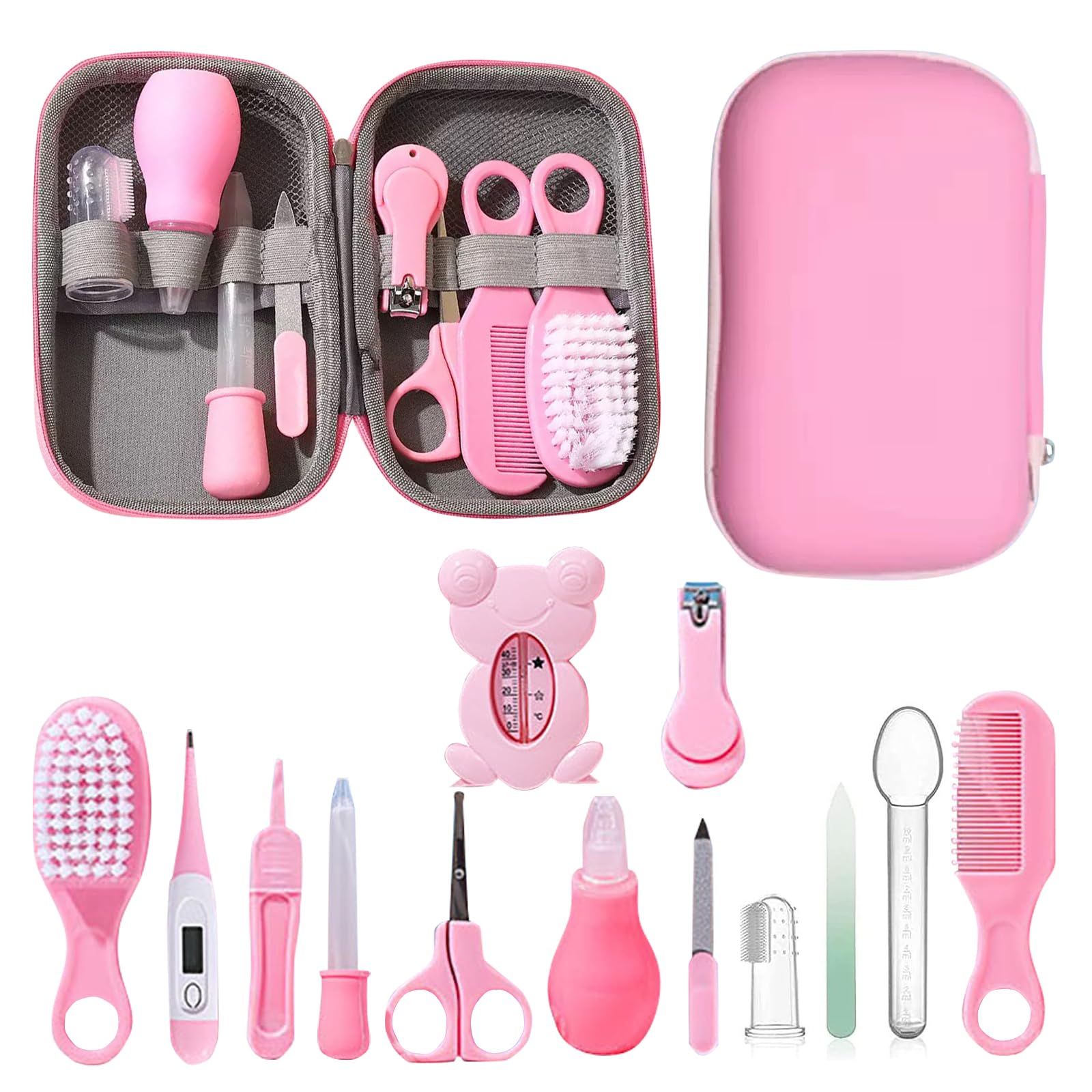 Liemuao Kit Trousse de Toilette Bebe, 13 Accessoires Essentiels Soin de Bébé - Brosse à Cheveux, Thermomètre Digital et de Bain, Coupe-Ongles, Lime, pour Nouveau-Né Fille et Garçon (Rose)