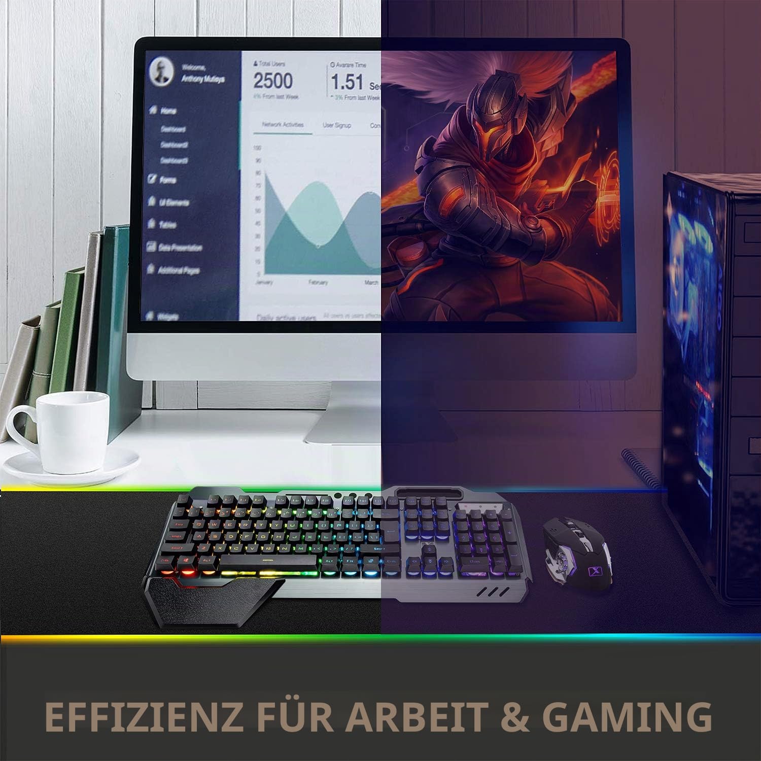 LexonElec 680 pro - RGB LED Wireless Gaming Tastatur und Maus 4800 mAh volle 104 Tasten Tastatur PC Zubehör eingerichtet 2.4g USB Gamer 2400 DPI atmende optische Maus für PC Mac Laptop comptuter