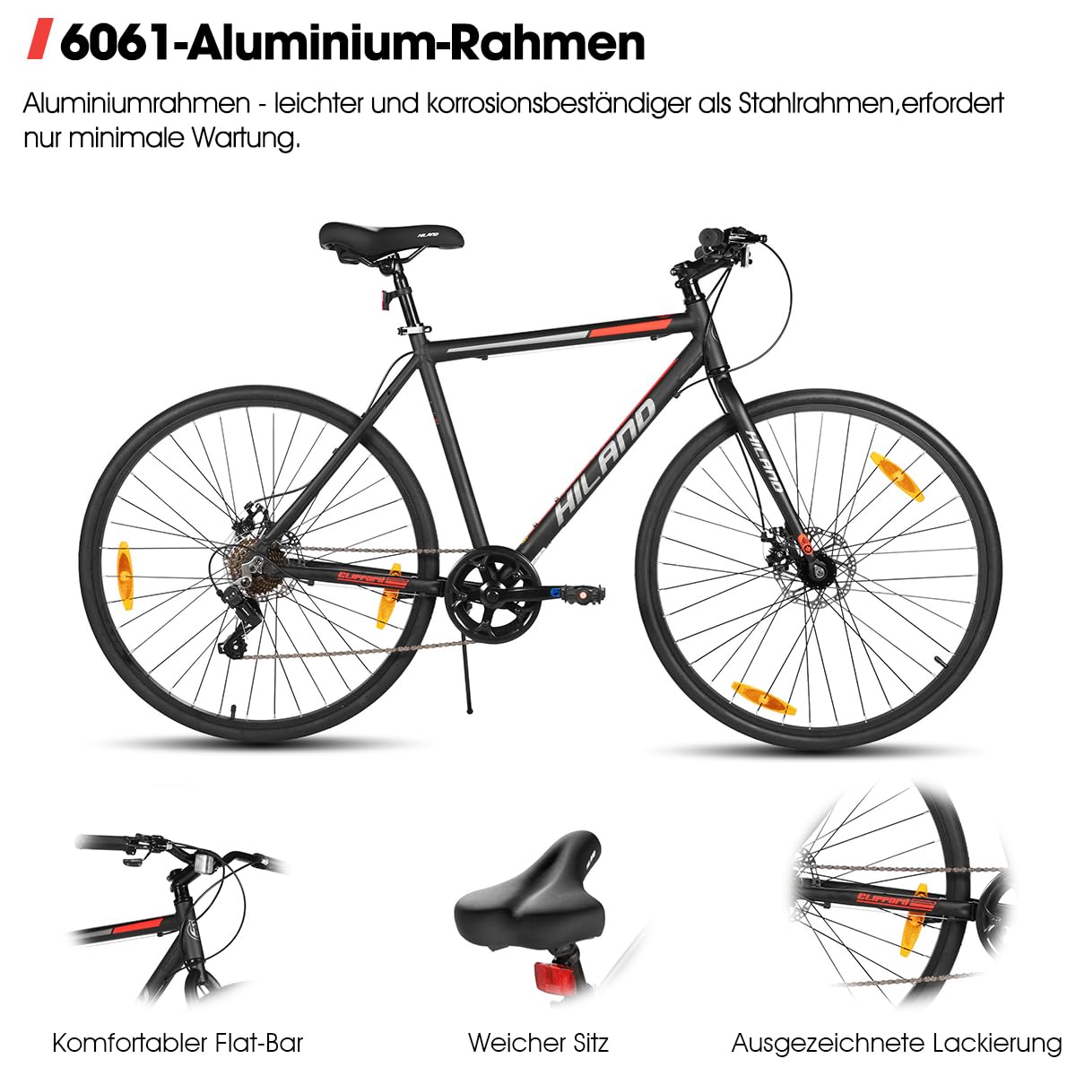 Hiland 700C Rennrad Herren und Damen, Aluminiumrahmen, 7 Gang Rennrad mit Doppelscheibenbremsen, Rahmenhöhe 530mm, 28 Zoll Straßenfahrrad für Pendler, Schwarz