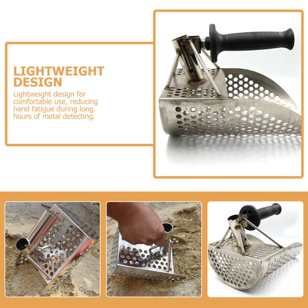 Artibetter Pala de Metales Detección Acero Inoxidable de Tamizadora Diseño Ligero y Resistente, Accesorios Ideales para Tamizar y Arena Playa Suelos Variados