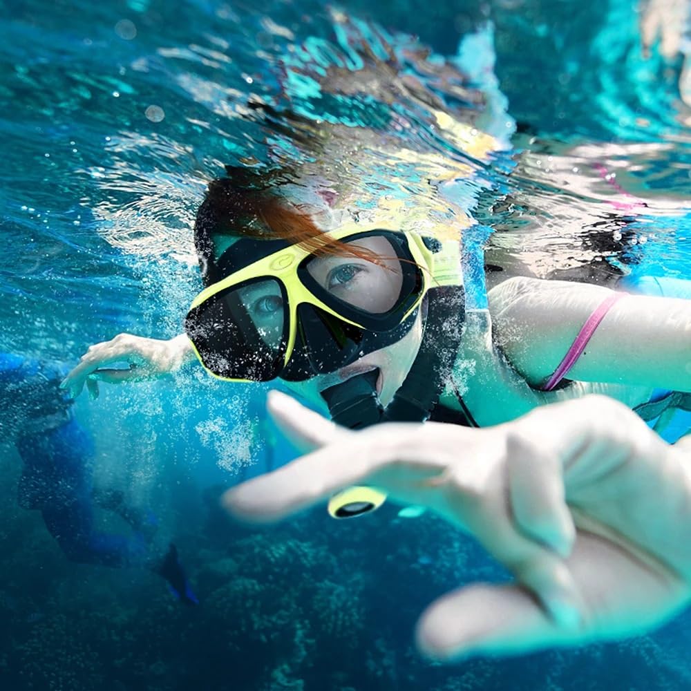 Máscara de Snorkel Máscara de buceo antiempañamiento para esnórquel, gafas de buceo con foca, máscara de buceo de vidrio templado, gafas para hombres y mujeres Kit de de Buceo(Mirrored yellow set)