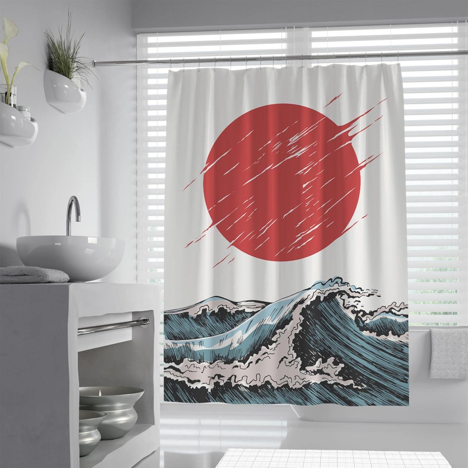 Japanese Shower Curtain Waves Illustration Polyester Printed Sun and