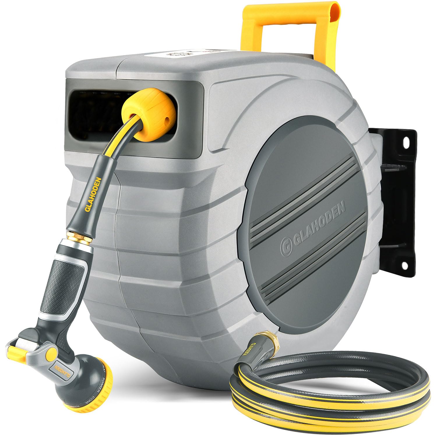 Photo 1 of GLAHODEN Retractable Garden Hose Reel 5/8 in x 115 ft with Metal Bracket, 2025 Upgraded Dual Ratchet Lock UV & Freeze Protection Brass Seal Slow Retraction Anti-Tangle Hose 180Swivel