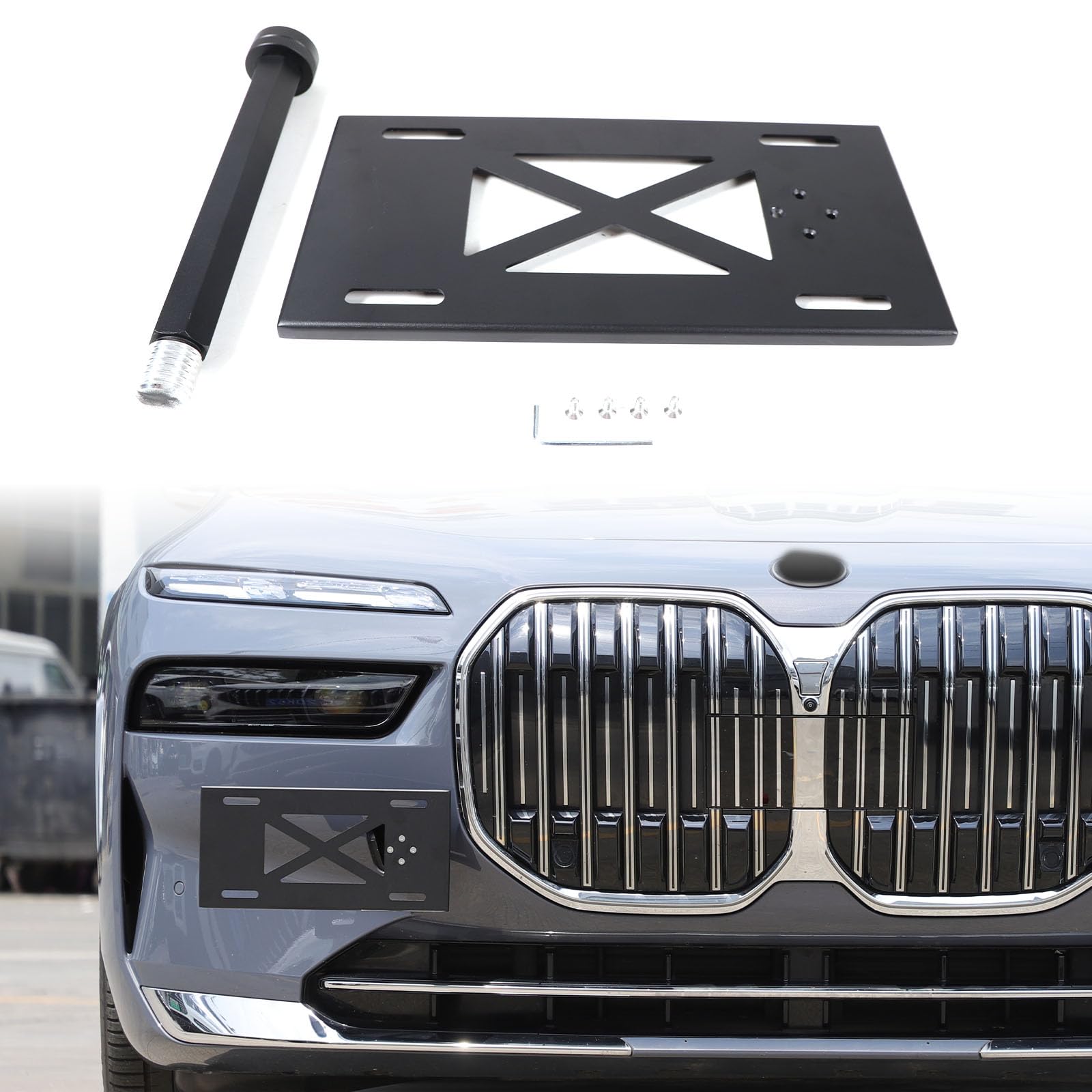 Photo 1 of Front Bumper Tow Hook License Plate Frame Bracket Compatible with BMW 7 Series i7 G70 2023-2025,No Drill Tow Front Bumper Tow Hole Hook License Plate Mount Holder Adapter Relocation Kit Accessories
