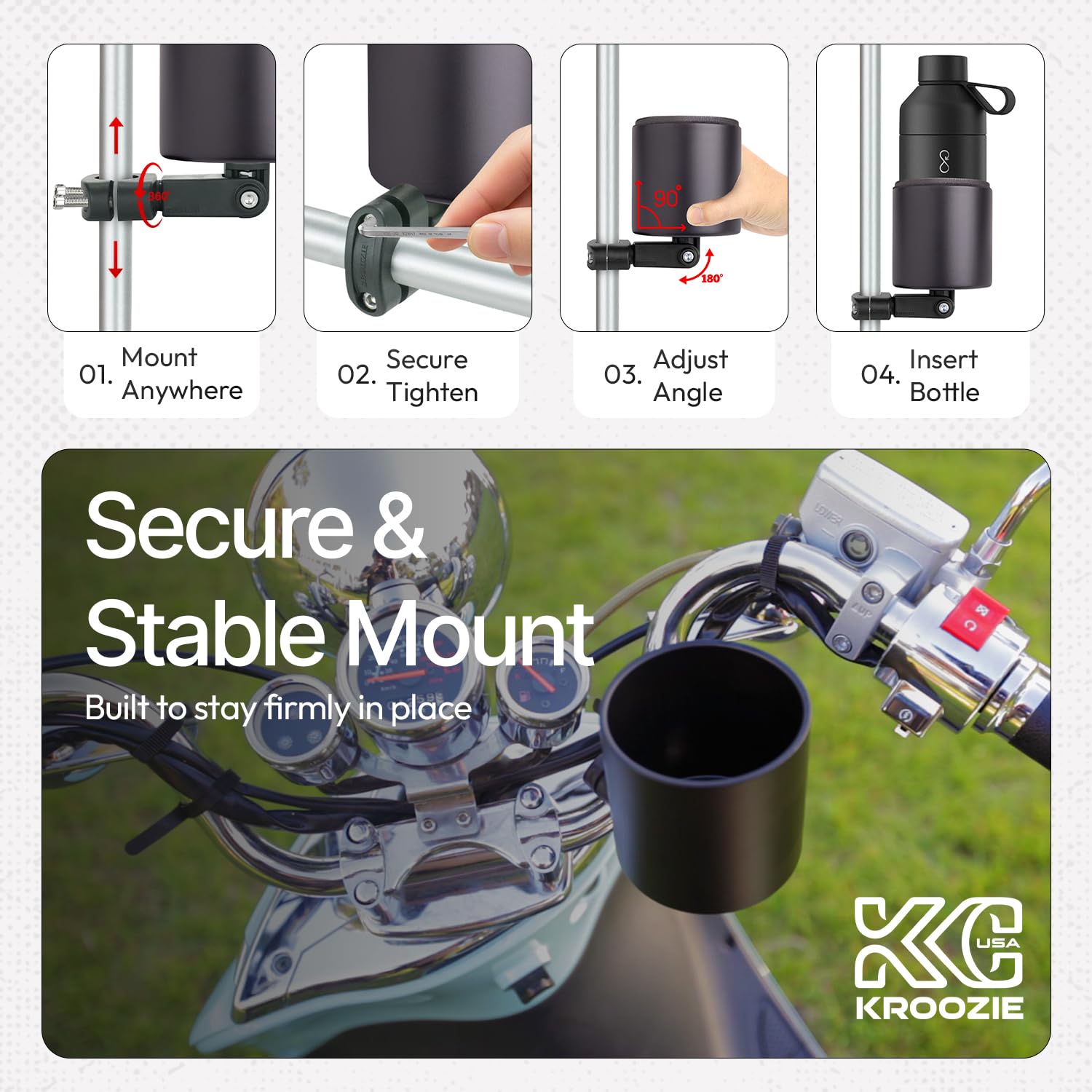 (Flat Black) - Kroozie Kroozercups Deluxe 2.0 Bicycle Cup Holder