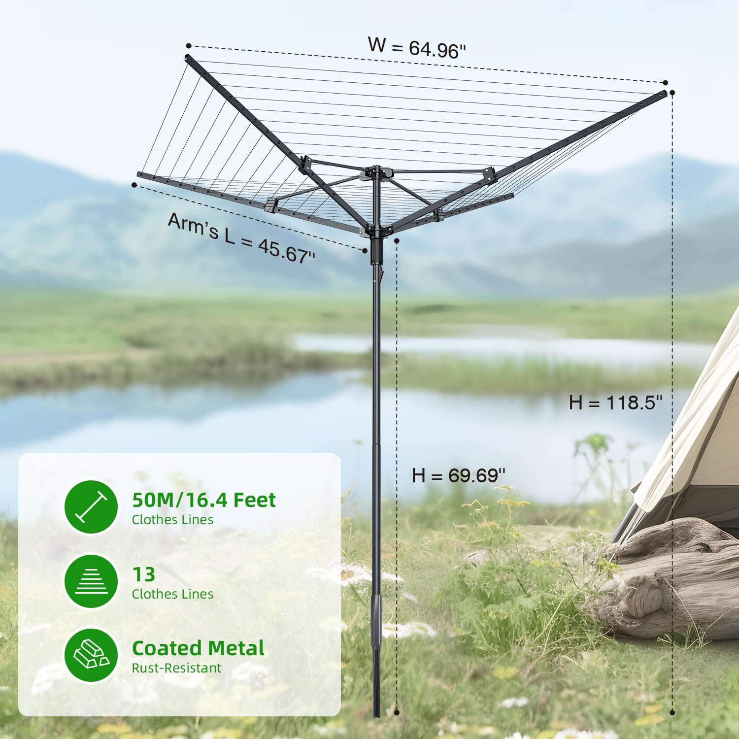 Outdoor Umbrella Clothes Drying Rack, 165 Feet Drying Space, 4 Arms 12 Lines, Steel Frame with Ground Spike, Rotary Clothesline for Backyard