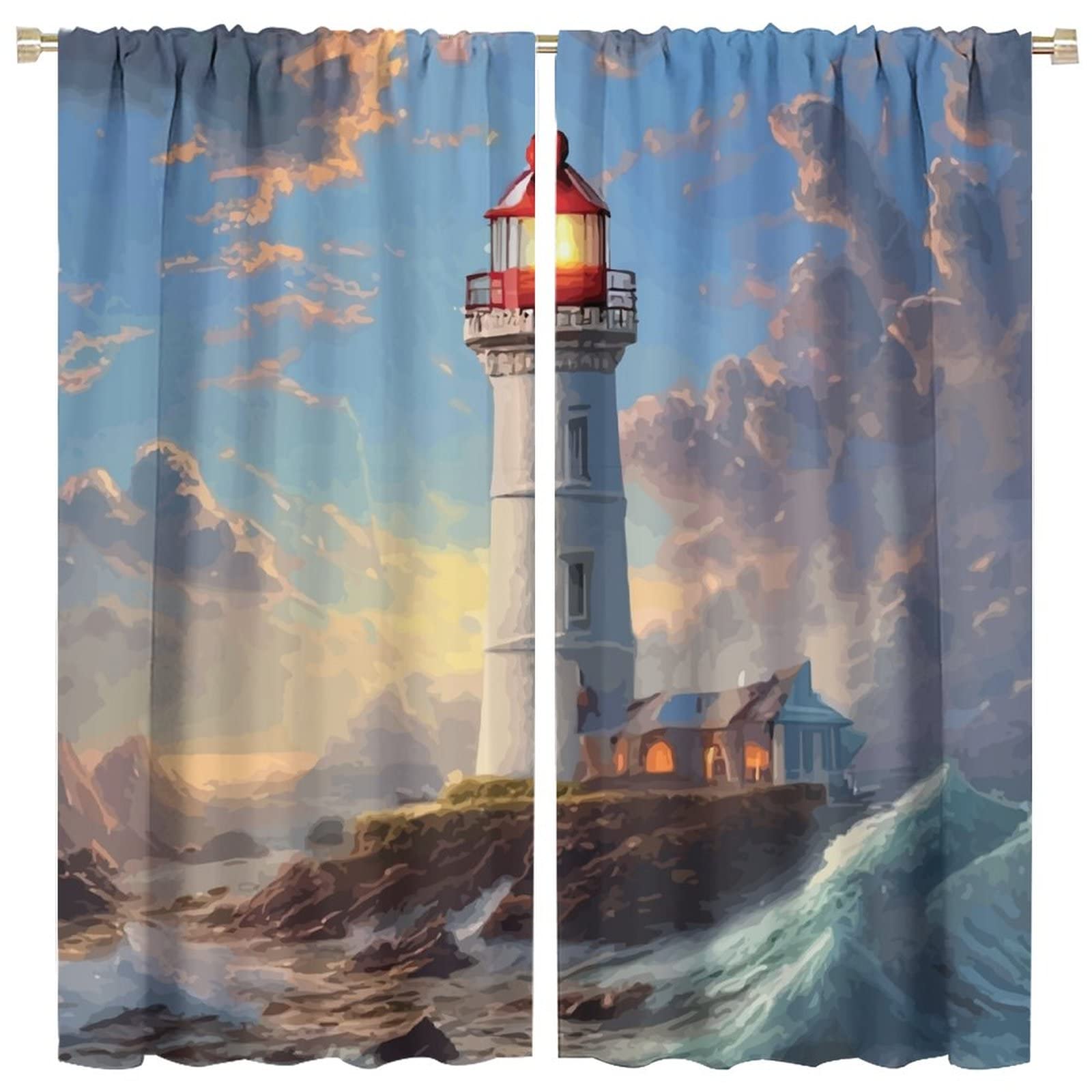 Lighthouse Curtain Oil Painting Sea Wave Lighthouse Blackout Print Rod Pocket Window Drapes for Bedroom Living Room 42x54in