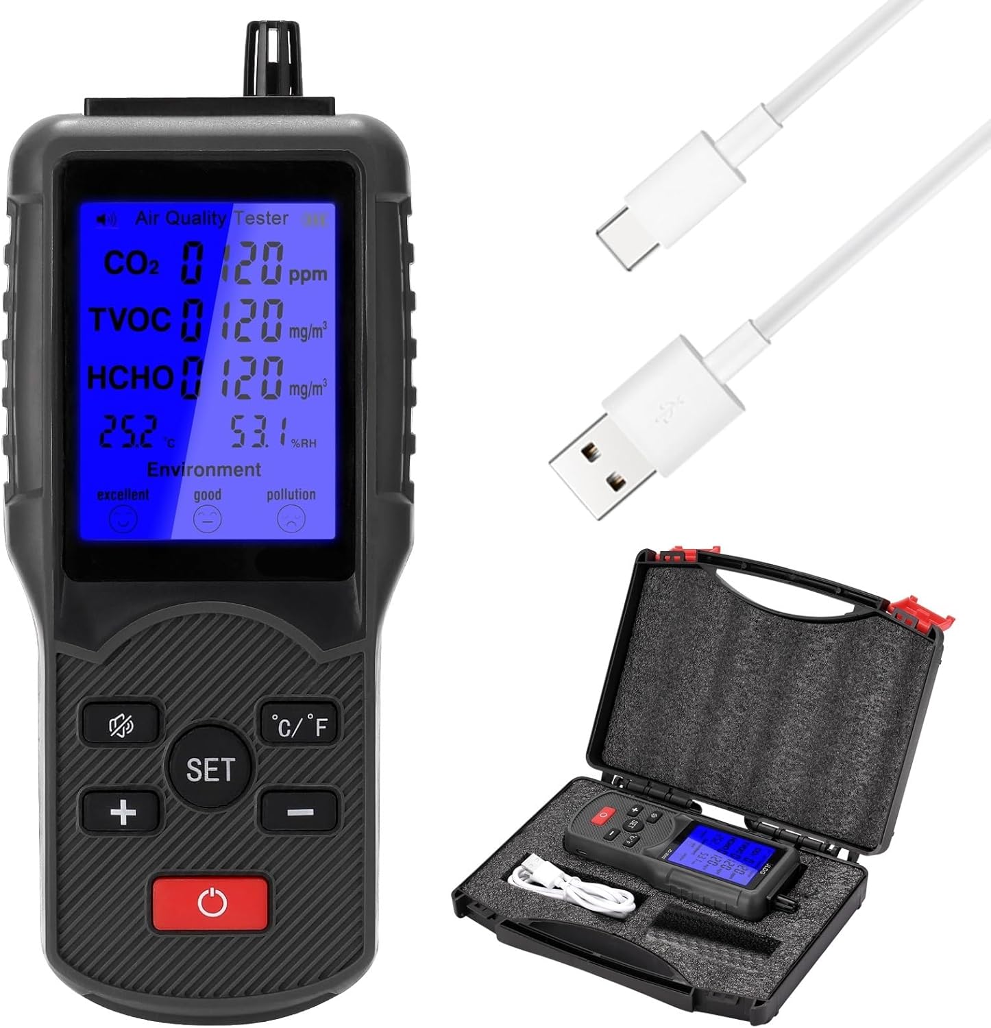 8in1 空気質テスター CO2 メーターガスアナライザー CO2 センサー TVOC メーター二酸化炭素センサー温度湿度測定装置