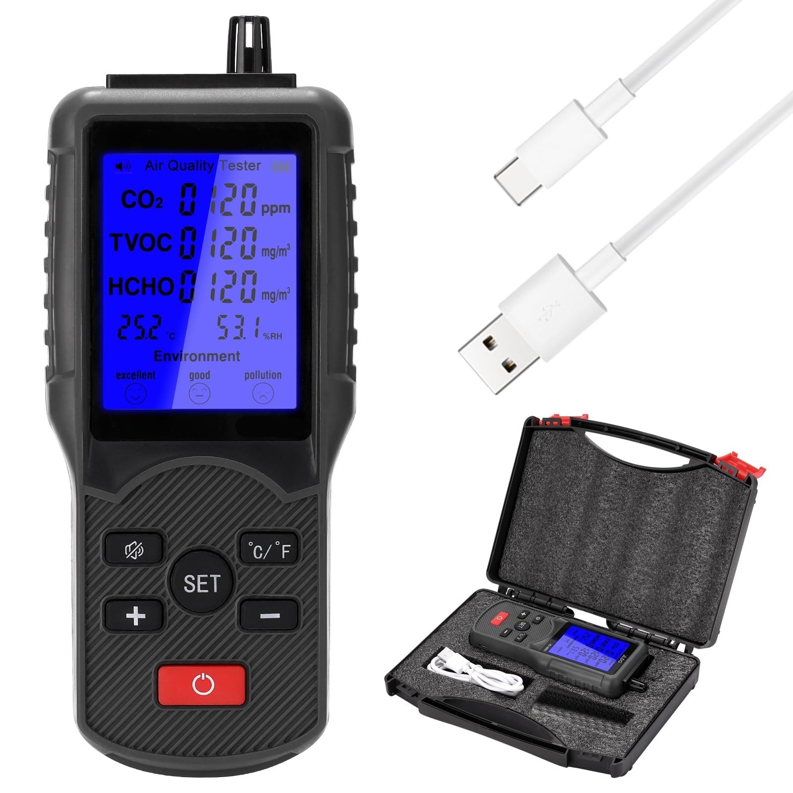 Vxdefp One Color Gas Detector, 8In1 Air Quality Tester Co2 Meter Gas Analyzer Sensor Tvoc Carbon Dioxide Temperature Humidity Measuring Device
