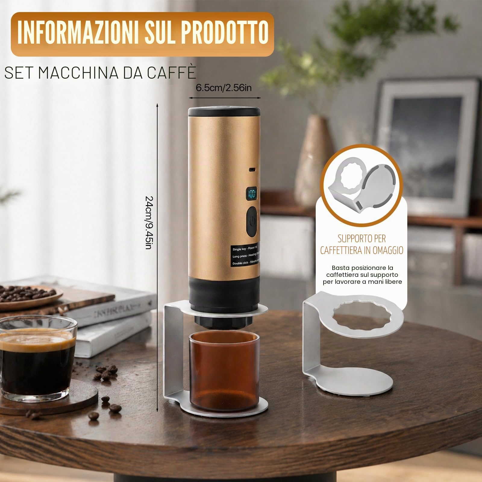 Caffettiera Portatile 3-in-1, Macchina Caffè Portatile Ricaricabile, Compatibile con NS/DG/Caffè Macinato, Pocket Coffee con Batteria 7800mAh, per Auto, Ufficio, Campeggio (Oro)