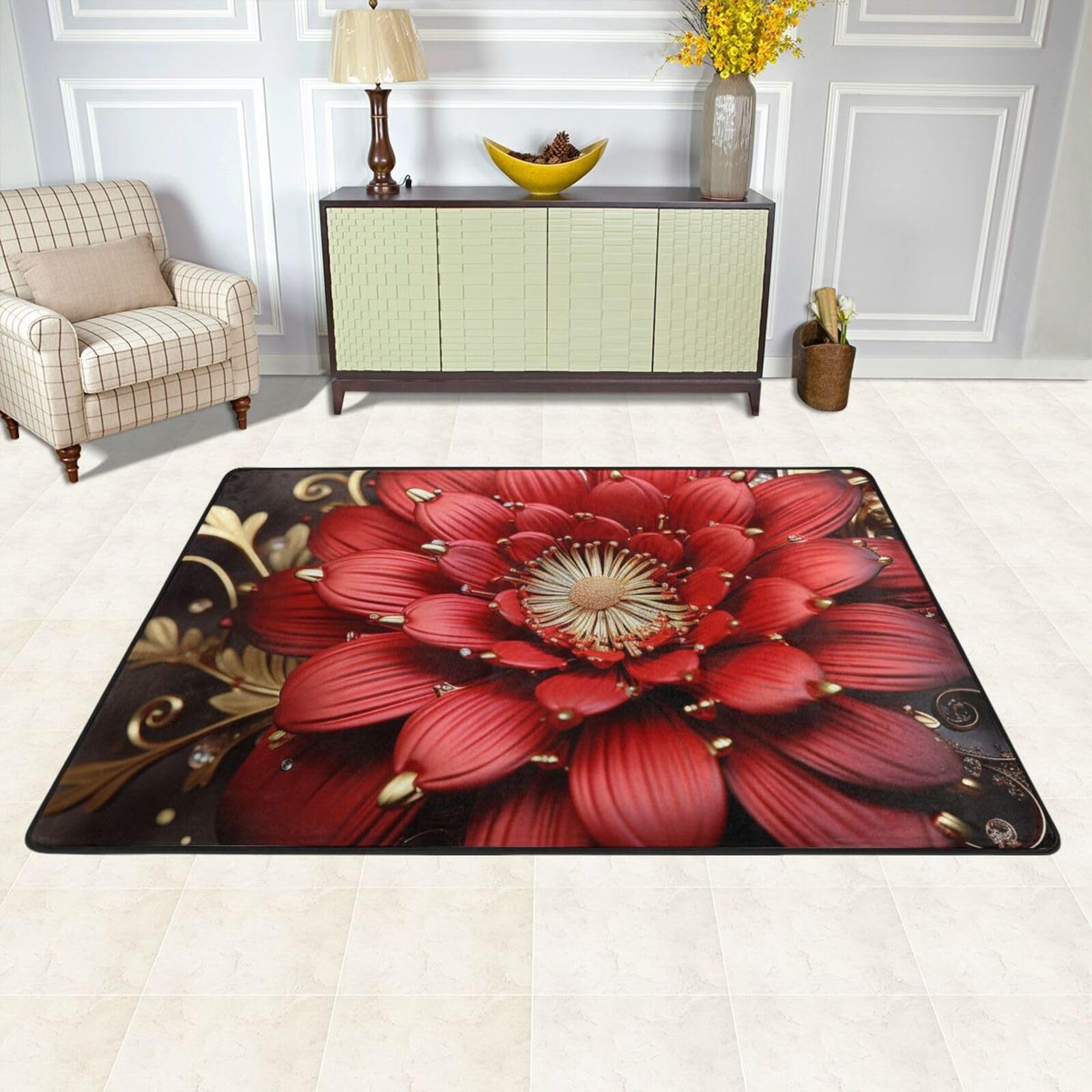 Tapis de salon fleurs rouges et dorées 91cm grand format doux