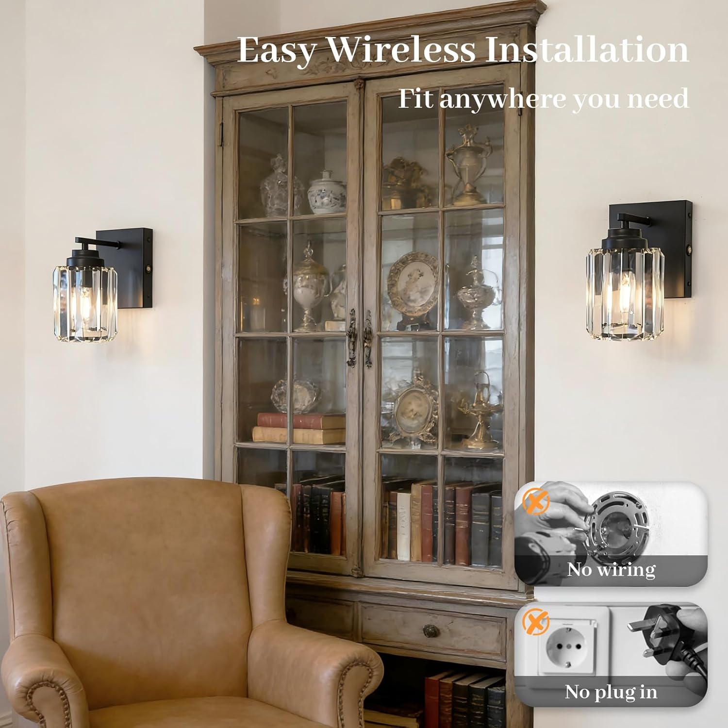 Rechargeable Crystal Wall Sconces with Remote Control, Battery Operated Wall Sconce Set of 2, Black Wireless Dimmable Wall Light for Bedroom Living Room Bathroom Hallway Entryway,3000K