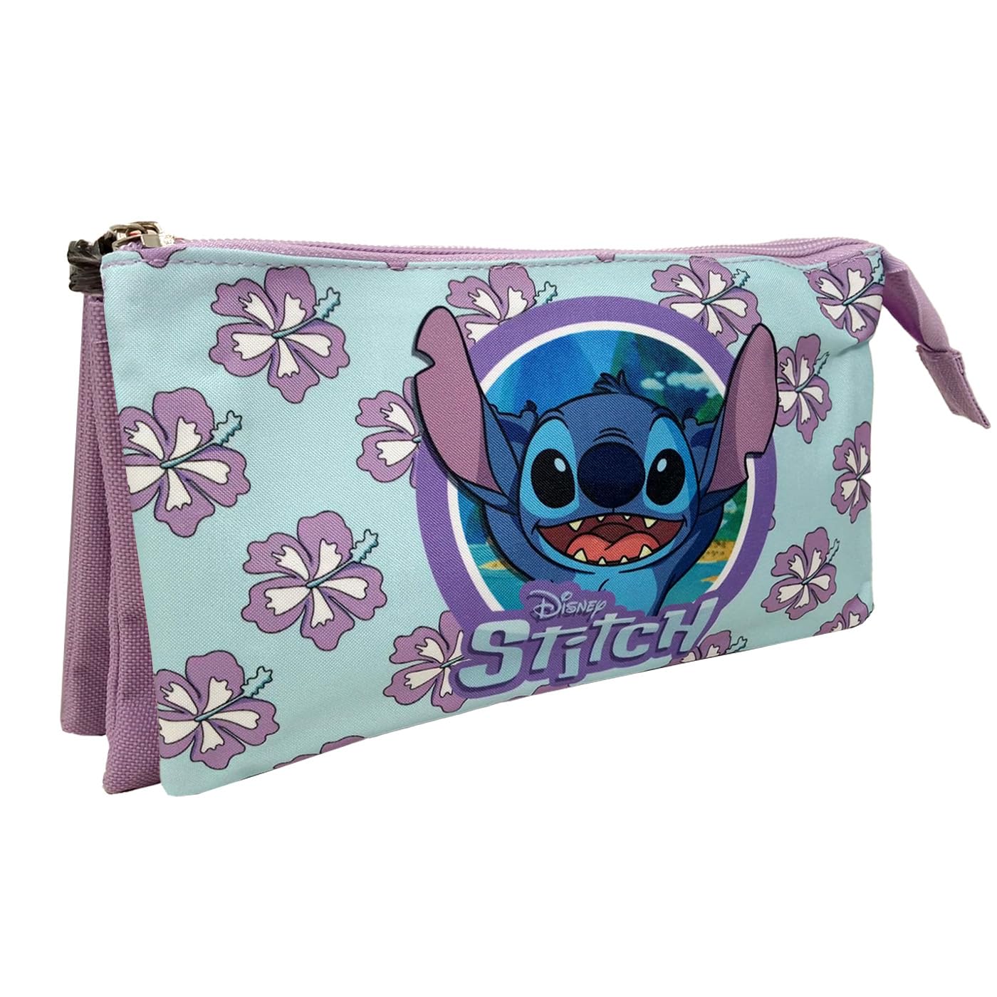 Jacob Company Estuche Triple 21cm, Portatodo con Cremallera 3 Compartimientos, Estuche Escolar para Niño y Niña, Material Escolar, Estuche Infantil (Color Lila,Stitch)