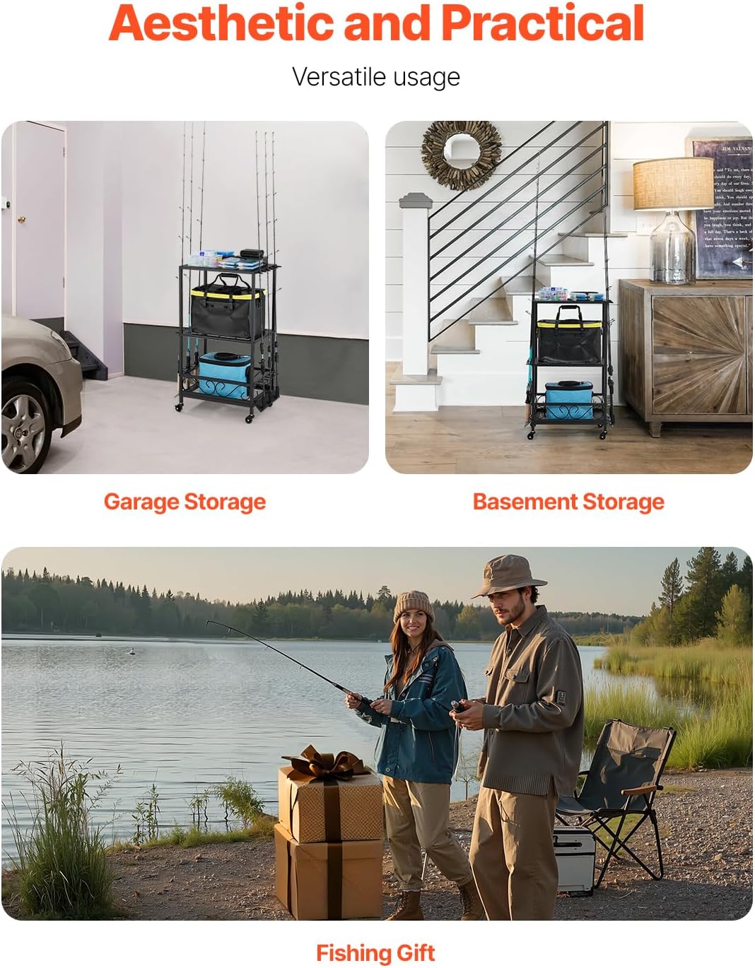VEVOR Fishing Rod Holder for 10-Rods, Mobile Fishing Pole Rack Cart with Wheels, Fish Gear Equipment Organizer for Garage Home Indoor Use, for Tackle Box Reel Accessories Storage, Gifts for Men