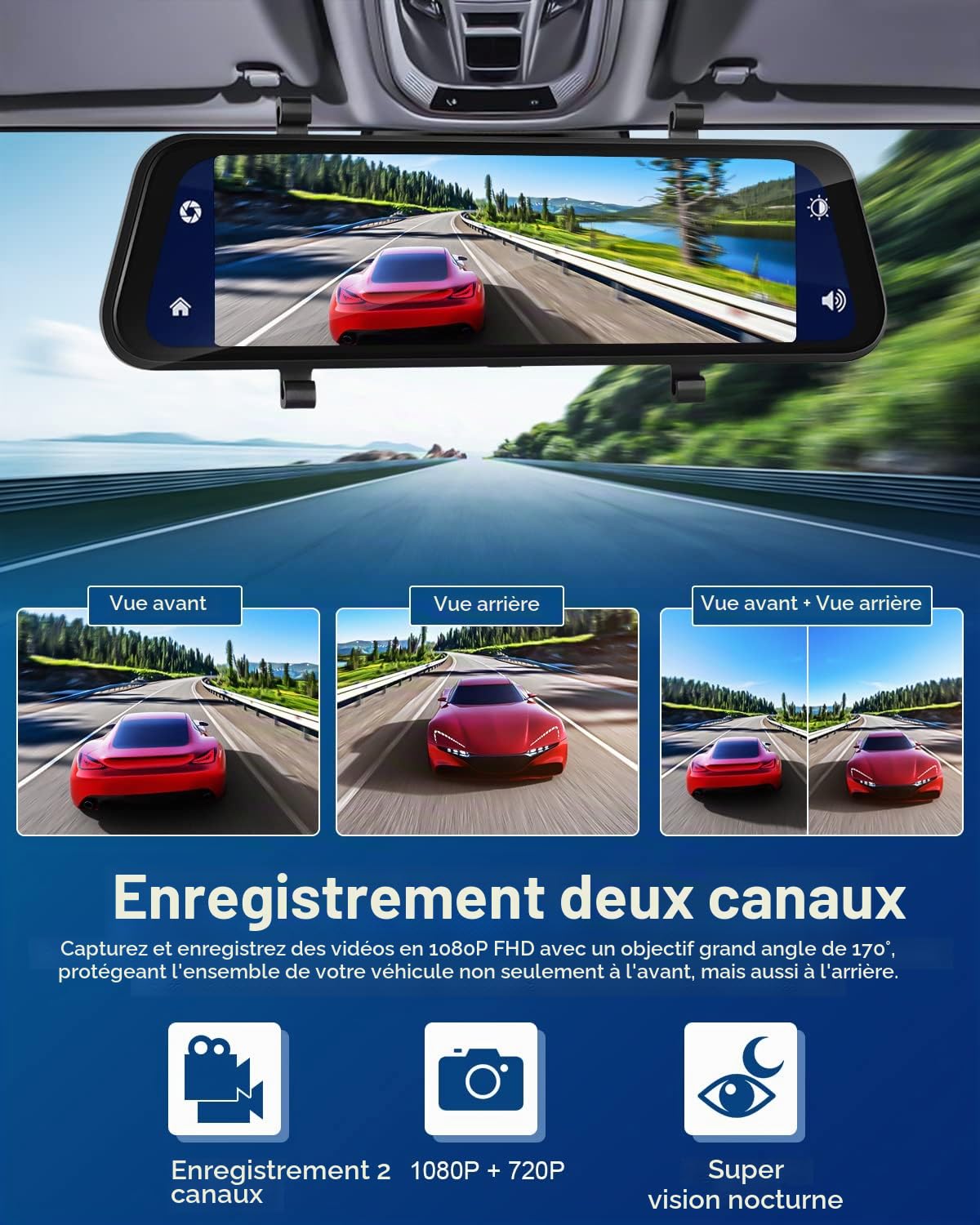 Dashcam Voiture Rétroviseur 9,66'' Carplay Android Auto | Caméra de Recul, Commande Vocale GPS Night Vision, Enregistrement Boucle Capteur G Surveillance Stationnement, SD 32G