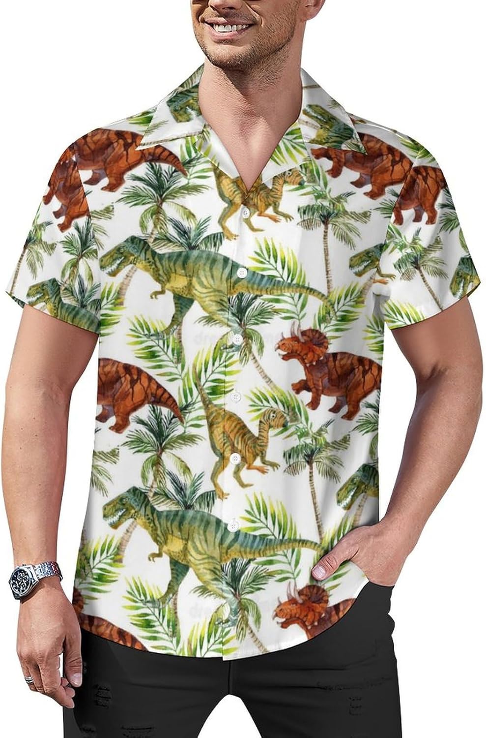 Hawaiian Shirt for Men Tropical Animal Flowers Button Down Shirts Tropical Casual Shirt Short Sleeve Summer Shirt Large, Dinosaur - Image 3
