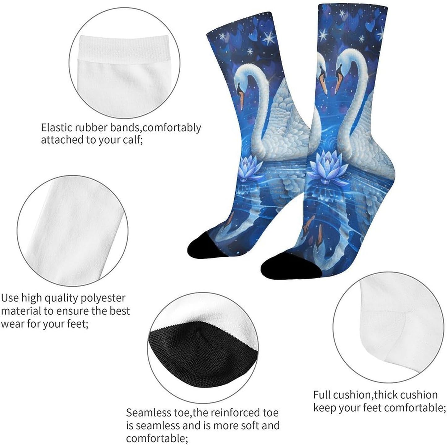 Breathable Sports Socks, Moisture Wicking, Lightweight Crew Socks | Two White Swans Athletic Calf Socks for Women Men, Casual, Anti-Slip, Multifunctional Work Socks