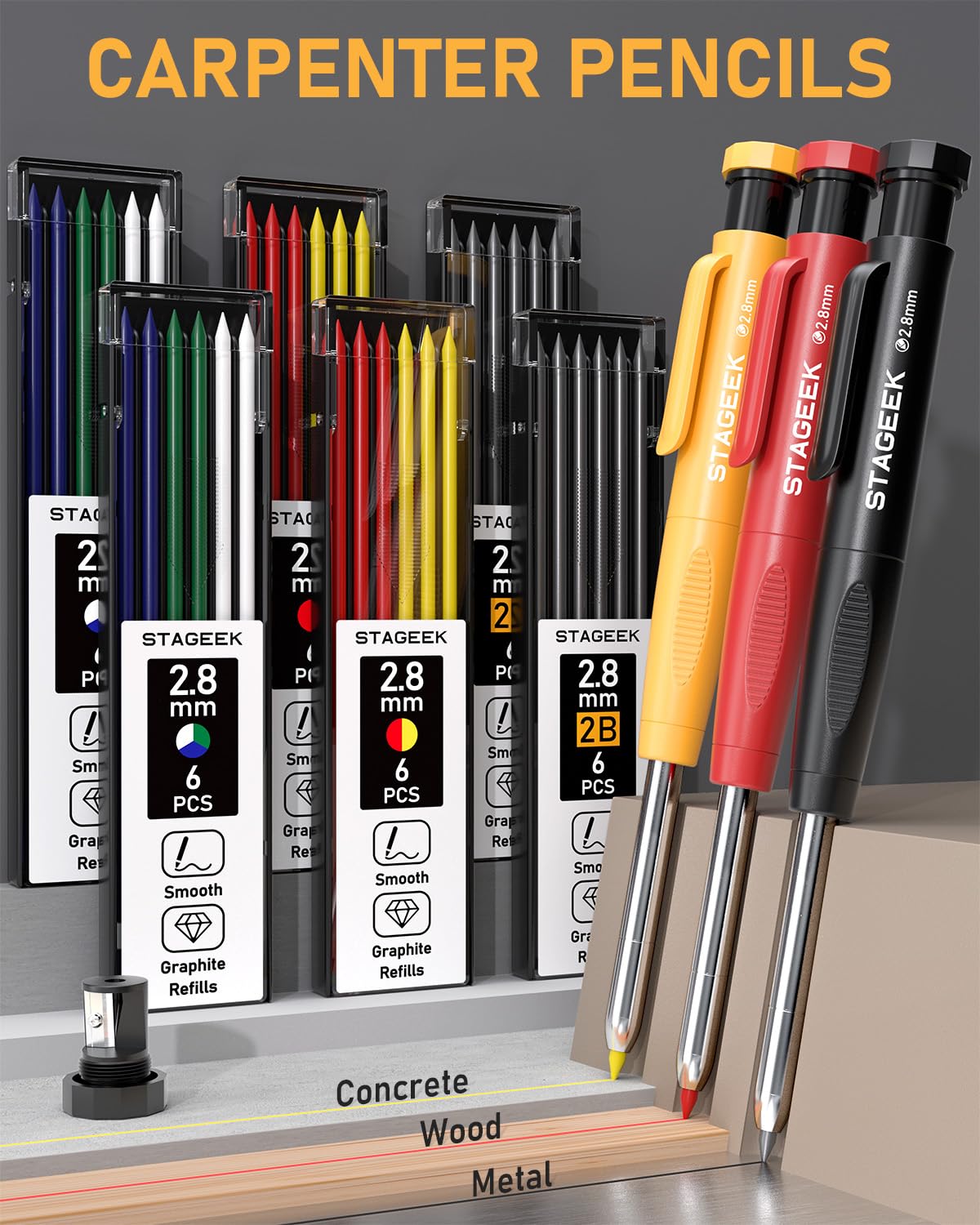 STAGEEK 34 Pack Carpenter Pencil Set including Sharpener, Mechanical Carpenter Pencils with Deep Hole Long-Nib Marker Pens - Image 3